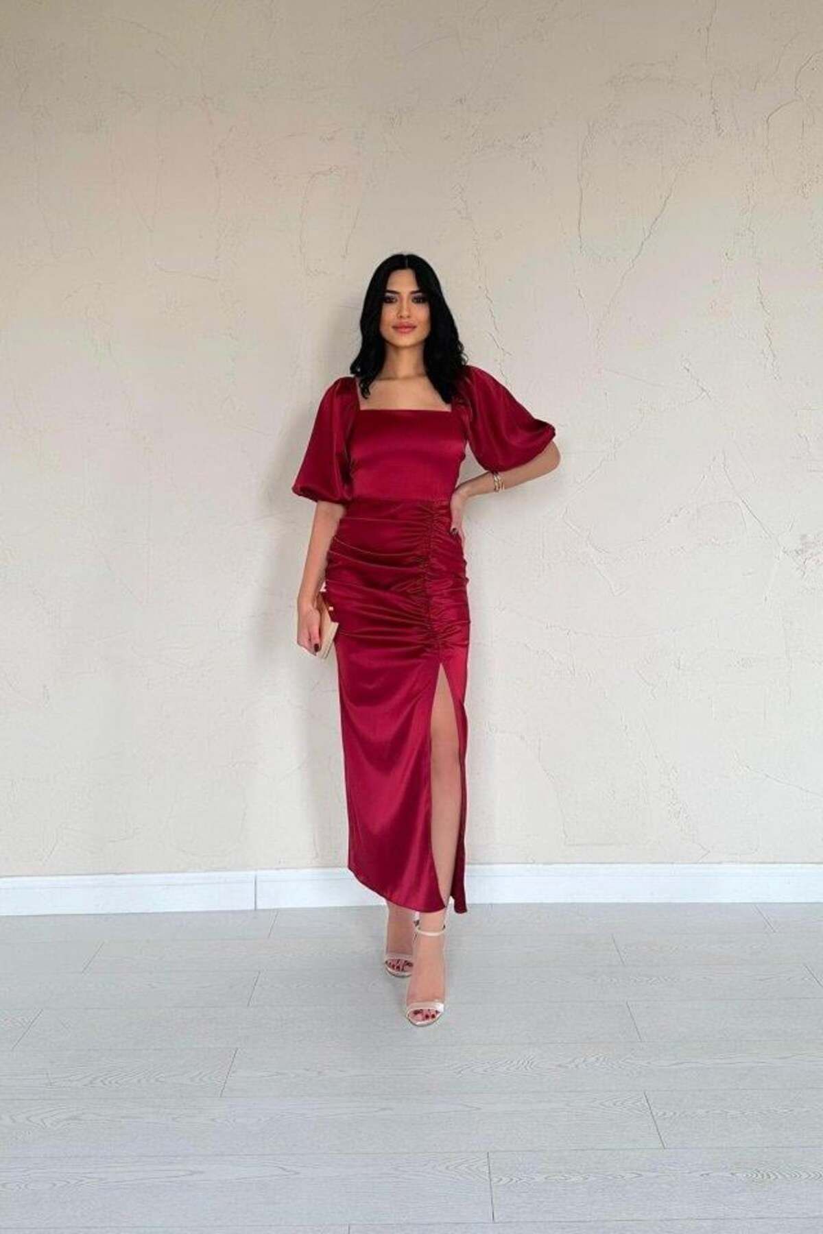 modamtn Bordo Büzgülü Saten Elbise