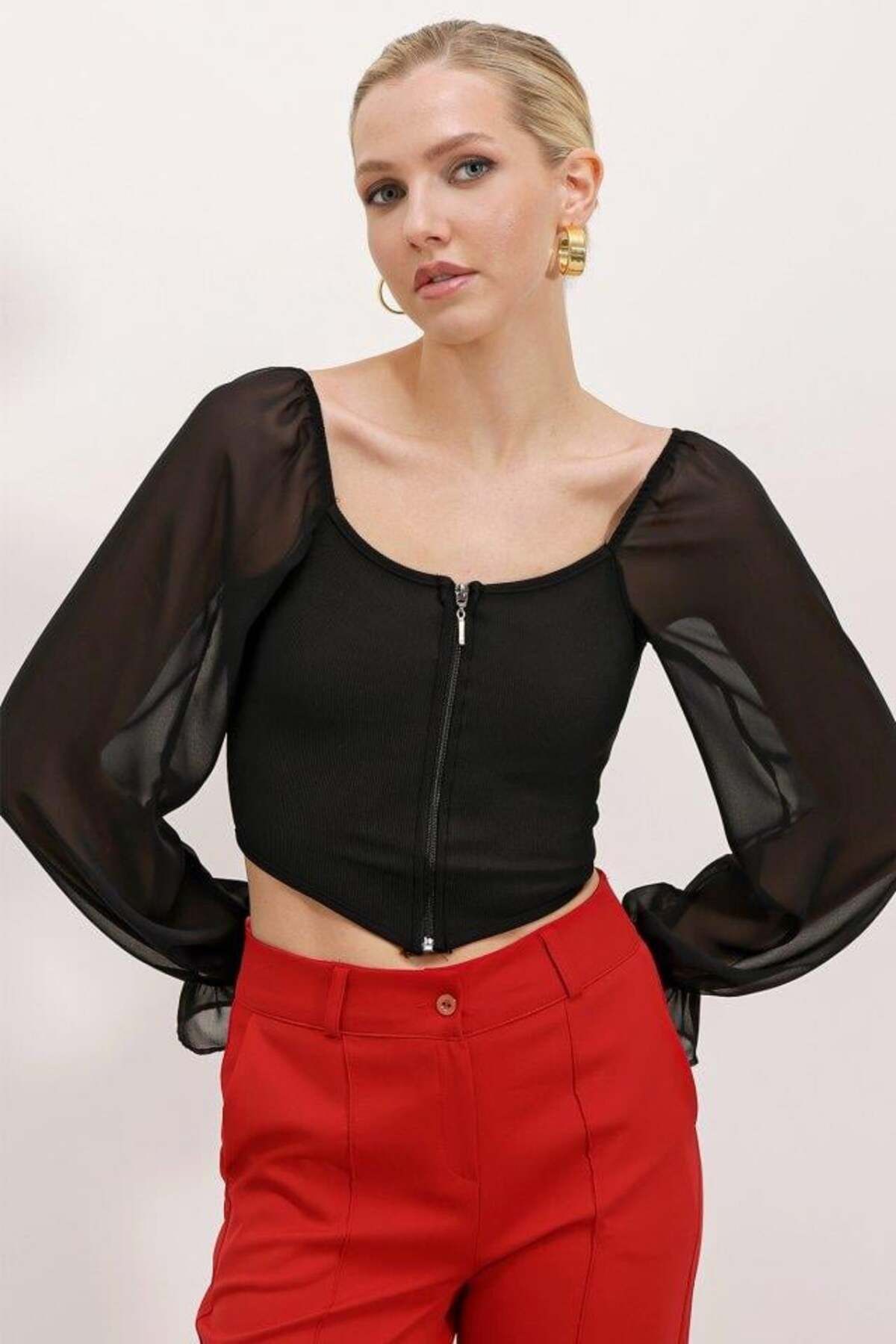modamtn Siyah Şifon Önü Fermuarlı Bluz 0496