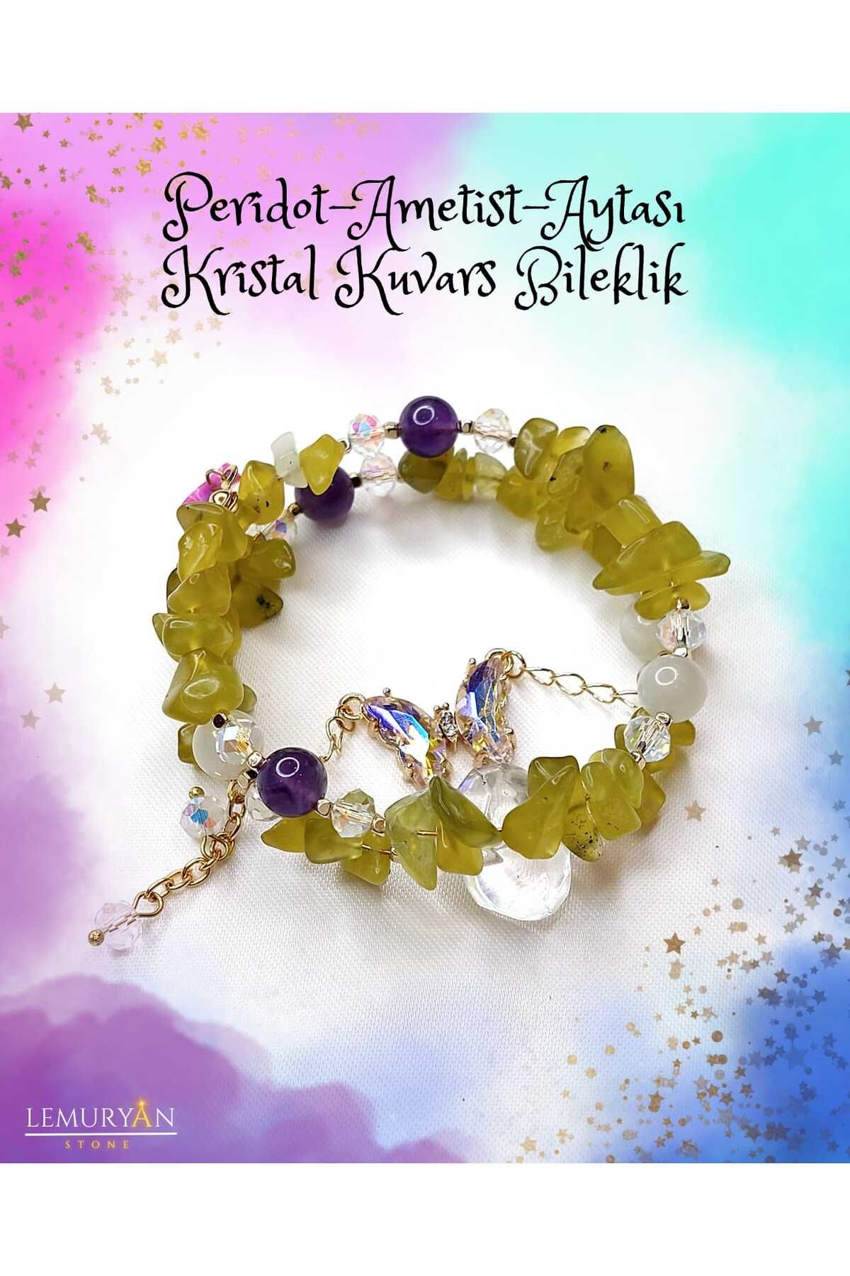Herkimer Doğal Taş Peridot (Zeberced) - Ametist - Aytaşı - Kristal Kuvars Helozon Doğaltaş Tasarım Bileklik