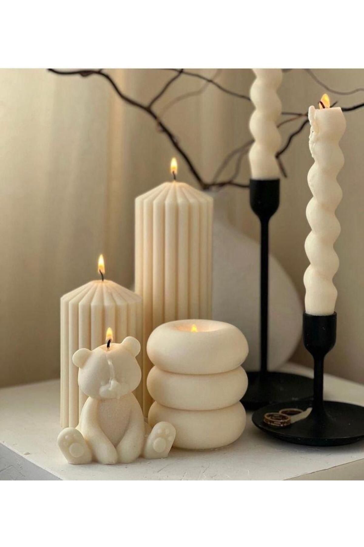 SCA CANDLE Dekoratif Mum Çokgen+Tedi +Burgu model Şamdanlık Mum Toplam 5 Parça