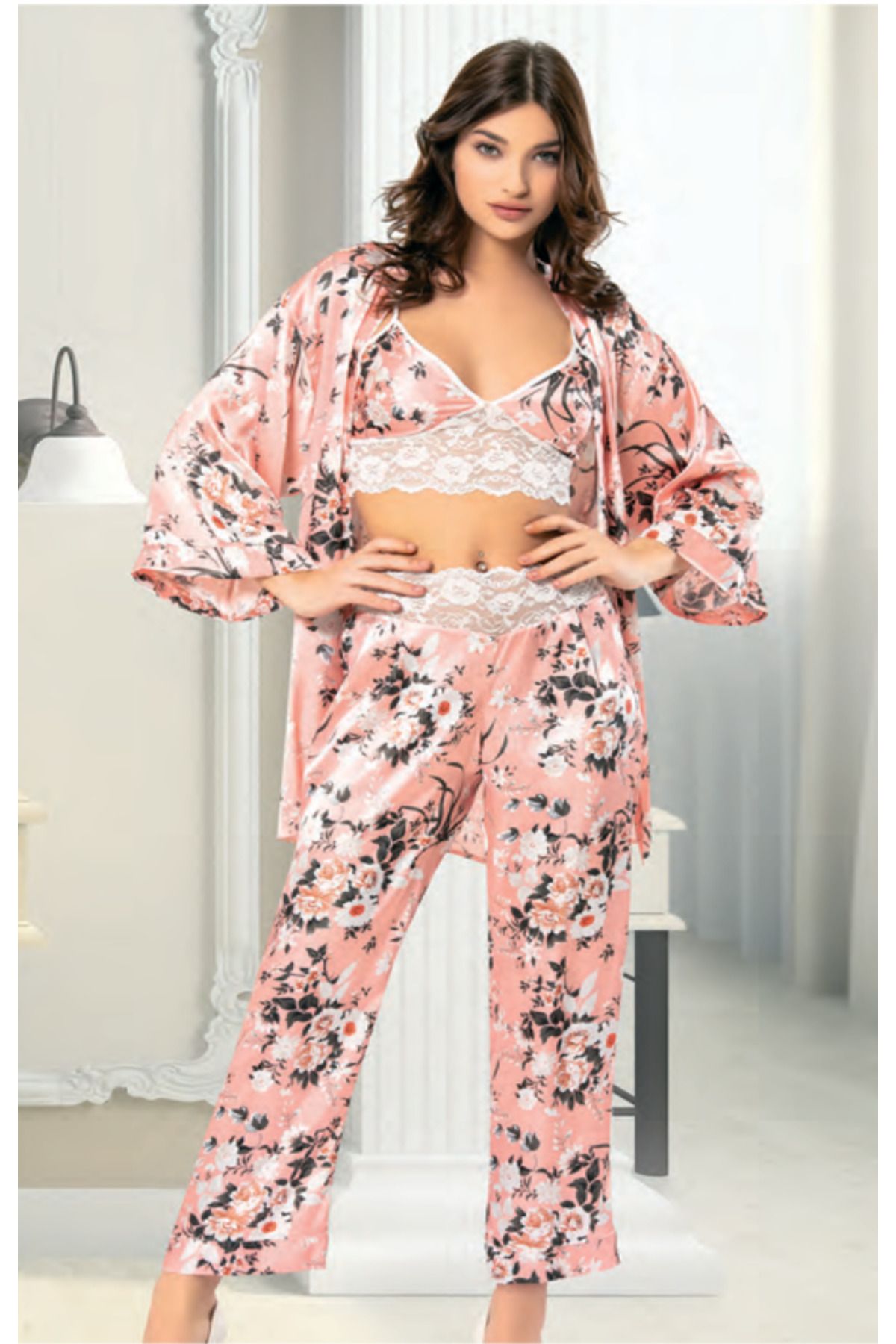 Fily İç Giyim MİSS LARİS Üçlü Lüx Saten Pijama Takımı Çeyizlik