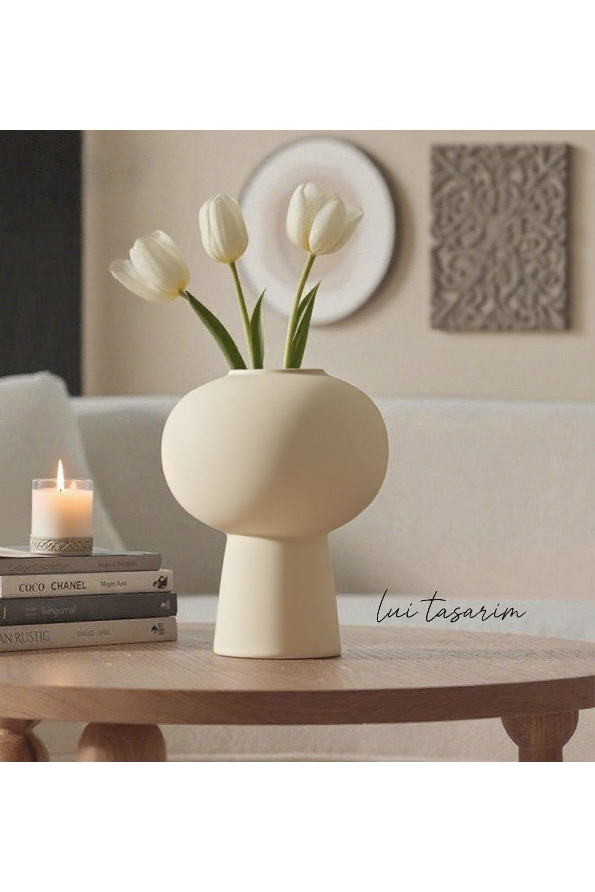 Lui Tasarım Krem Rengi Lotus Vazo XXL Boy Seramik Modern Ev Ofis Otel Dekorasyon
