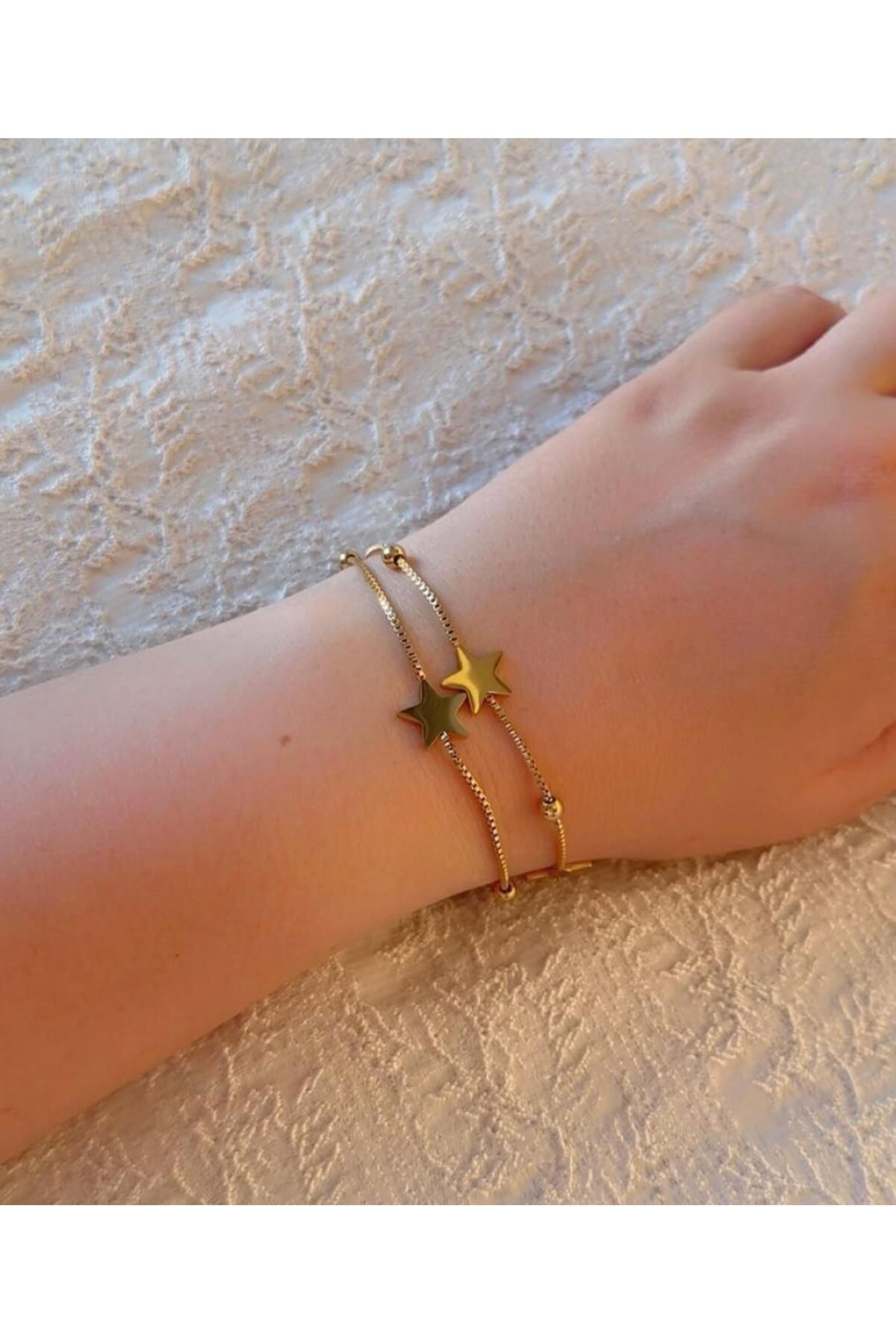 steel stainless Minimal Yıldız Detaylı Çelik Gold Bileklik
