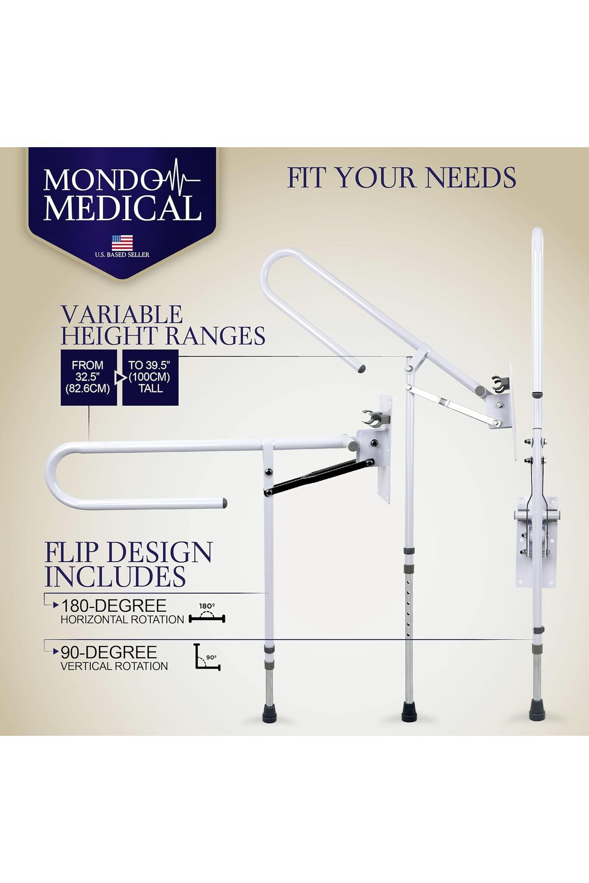 Stander-Mondo Medical Bathroom Toilet Grab Bar - White Stainless Steel Foldable Toilet Support Aid Rail with 3