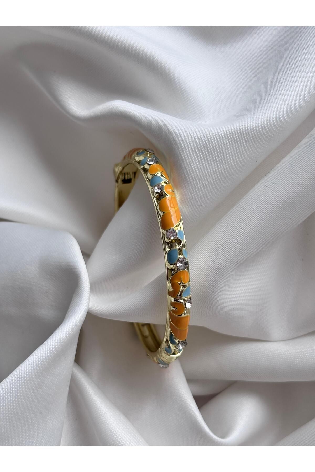 Bellamy Jewelry Mineli İnce Vintage Çiçekli Bilezik - Turuncu