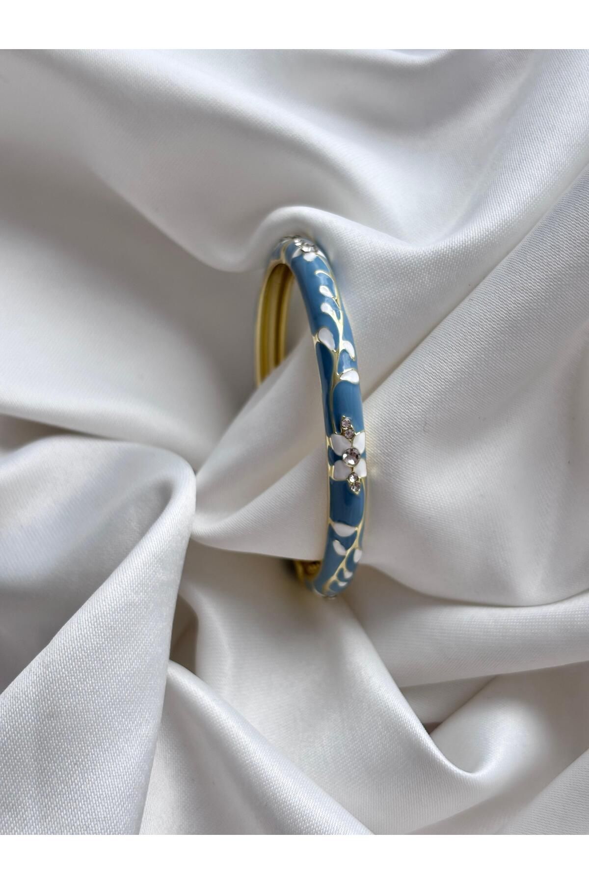 Bellamy Jewelry Mineli İnce Vintage Çiçekli Bilezik - Mavi