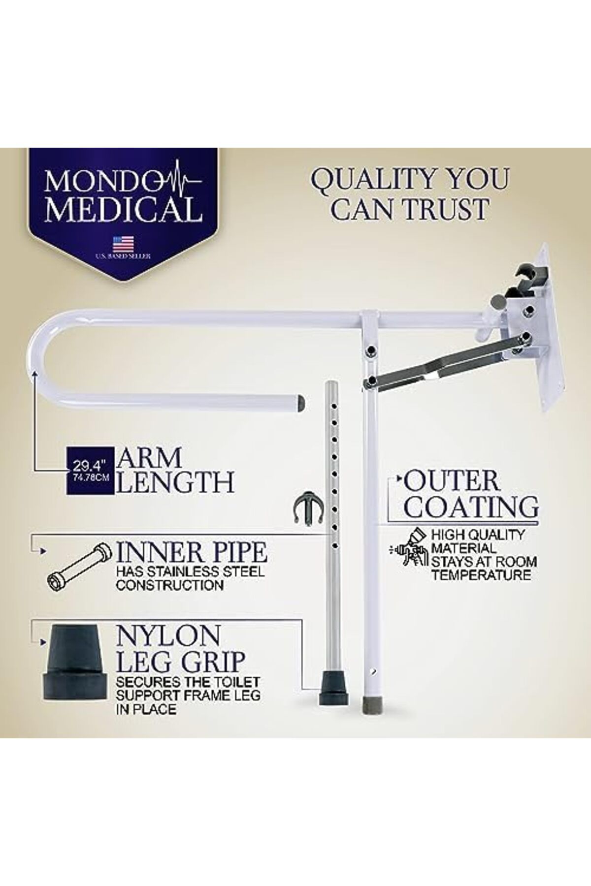Stander-Mondo Medical Bathroom Toilet Grab Bar - White Stainless Steel Foldable Toilet Support Aid Rail with 6