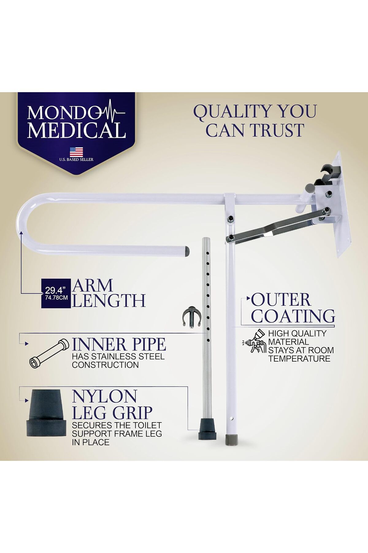 Stander-Mondo Medical Bathroom Toilet Grab Bar - White Stainless Steel Foldable Toilet Support Aid Rail with 5
