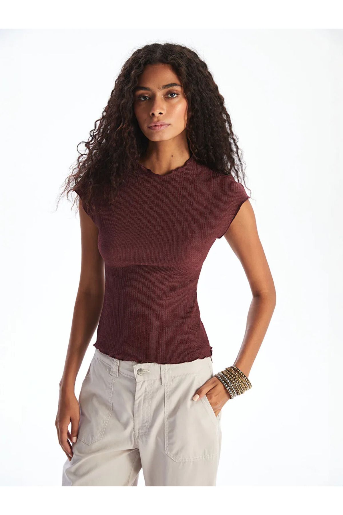 LC Waikiki XSIDE Bordo Dik Yaka Dokulu Kadın Body