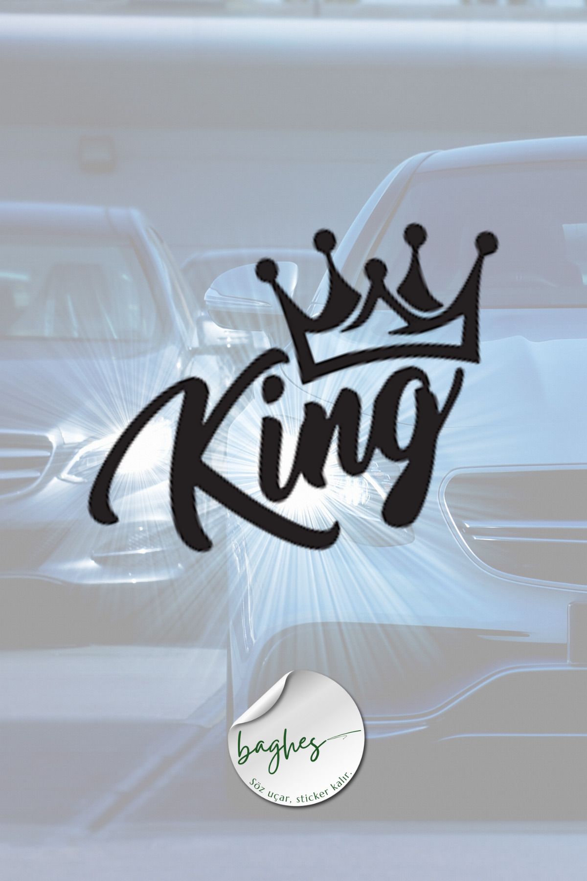Baghes Taç detaylı King yazısı, Oto sticker 23,2 x 15,2cm