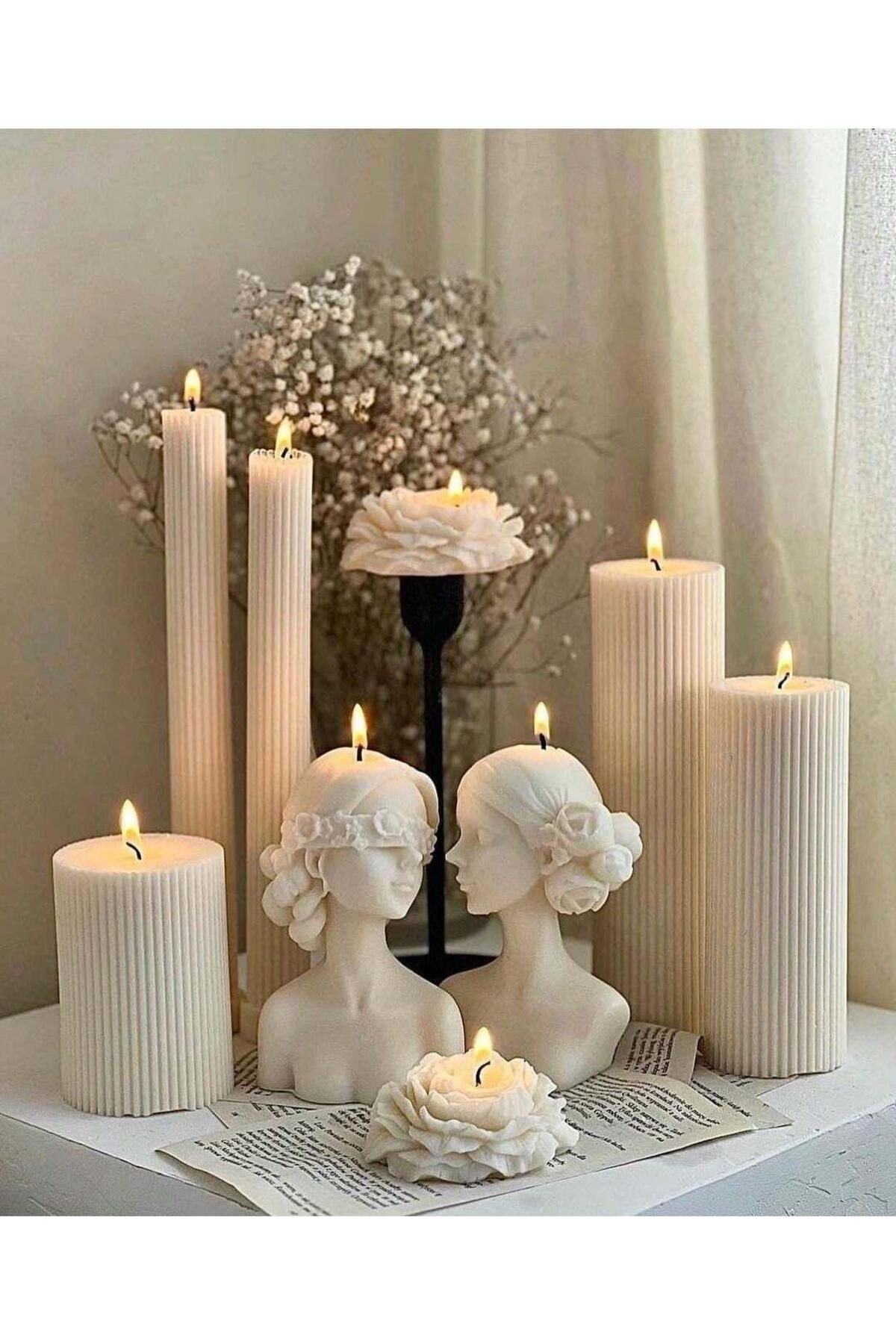SCA CANDLE Dekoratif Mum Kadın +Çizgili Şamdan Mum +Çokgen +Şakaik gül Toplam 9 Parça