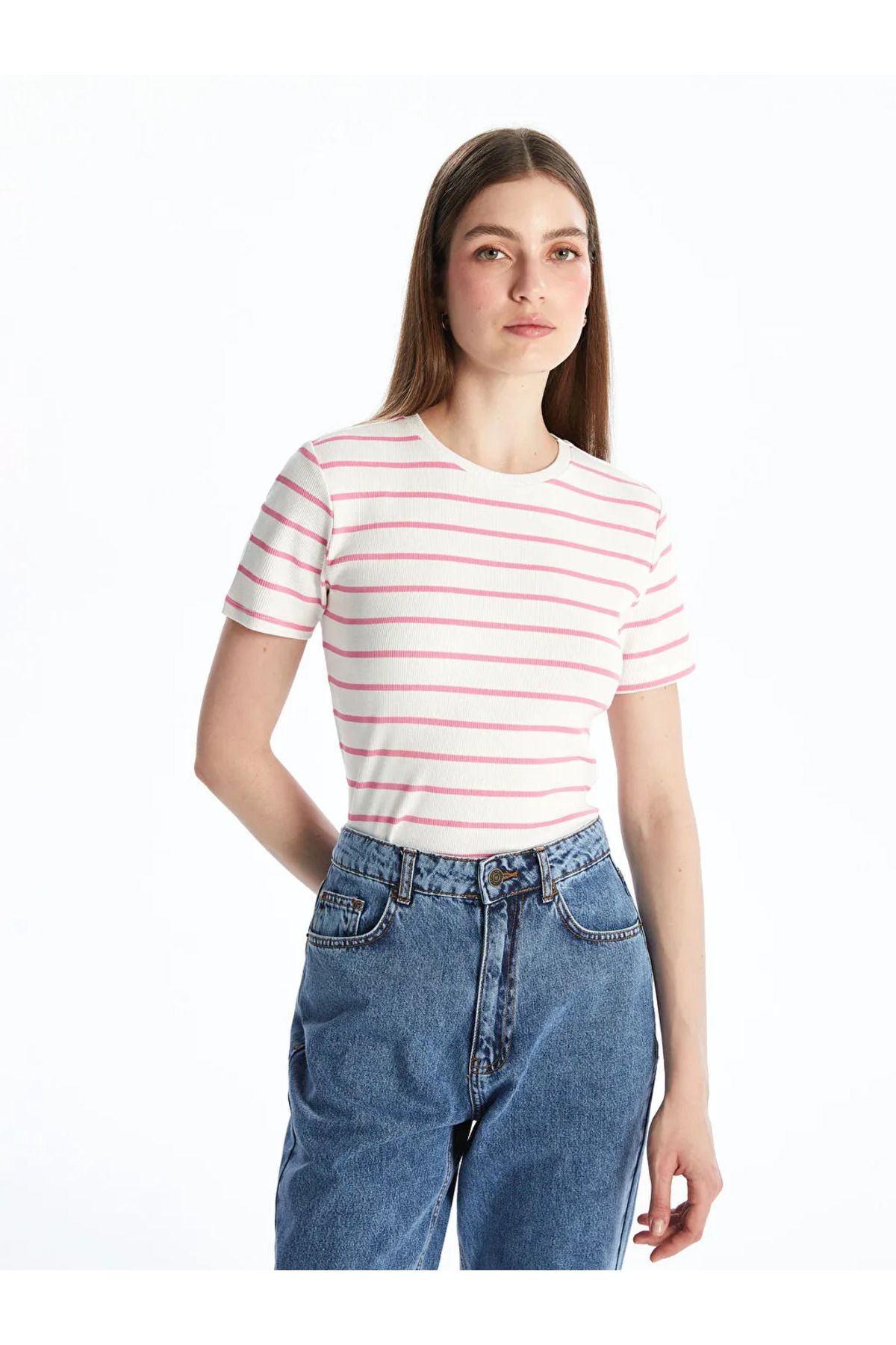 LC Waikiki LCWAIKIKI Classic Pembe Bisiklet Yaka Çizgili Kadın Tişört