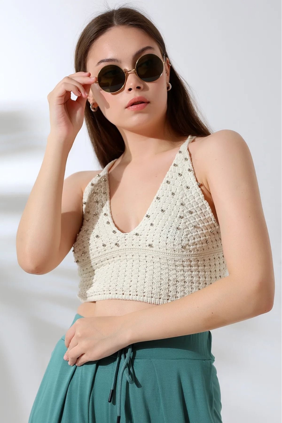 Lacesta Taş İşlemeli Crop Bluz