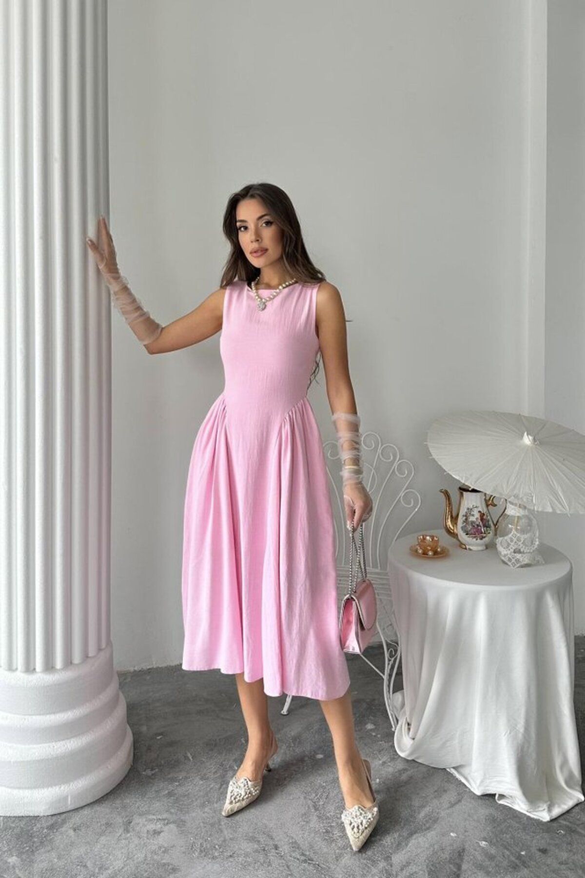 velmorafashion Pembe Yanları Büzgülü Midi Boy Keten Elbise