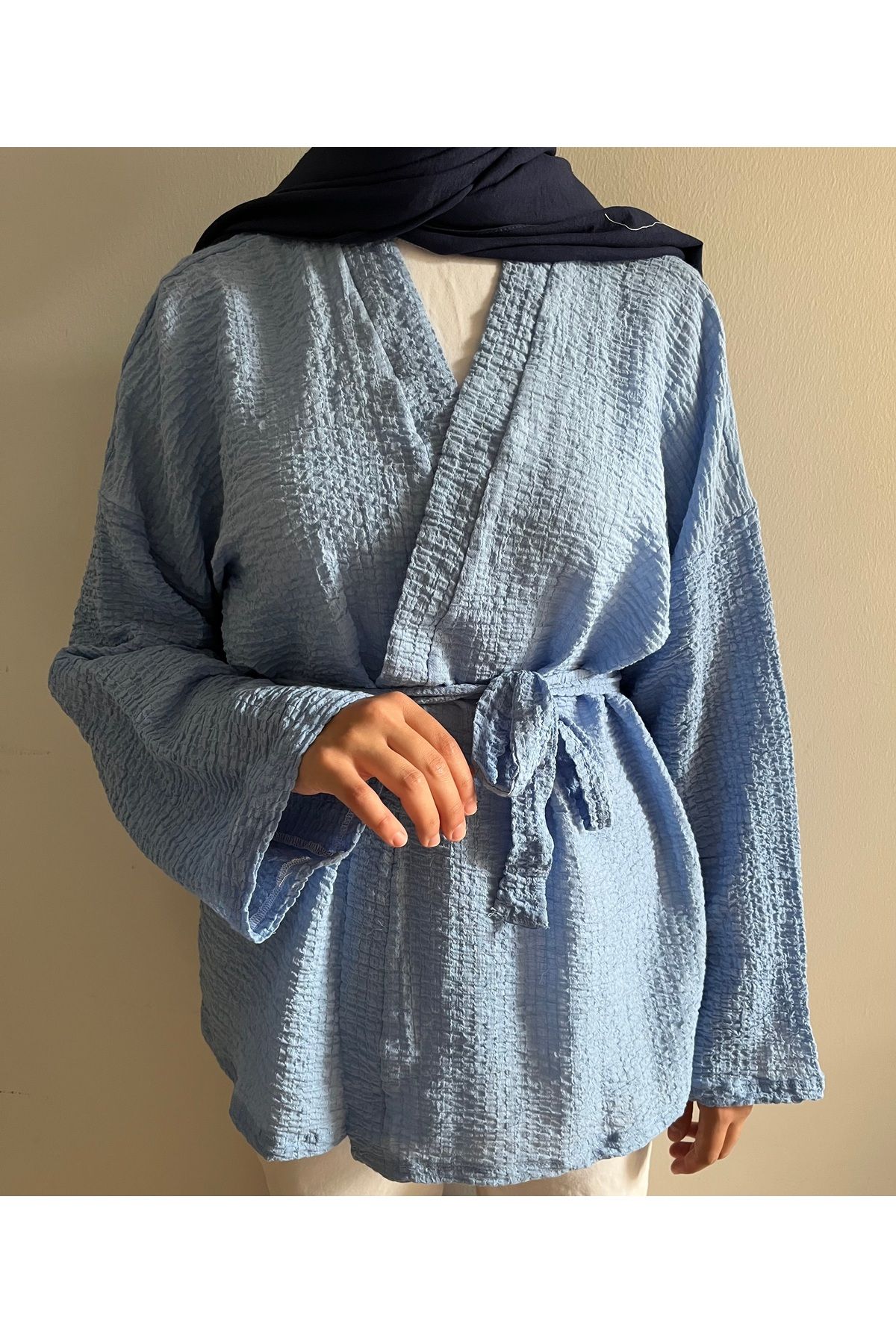 FASİON Belden Bağlamalı Sessiz Mavi Kimono