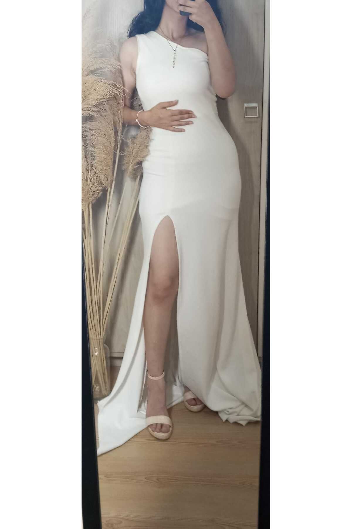 AMORE PASSİON Nikah nişan söz abiye elbise sol omuz sol yırtmaç detaylı