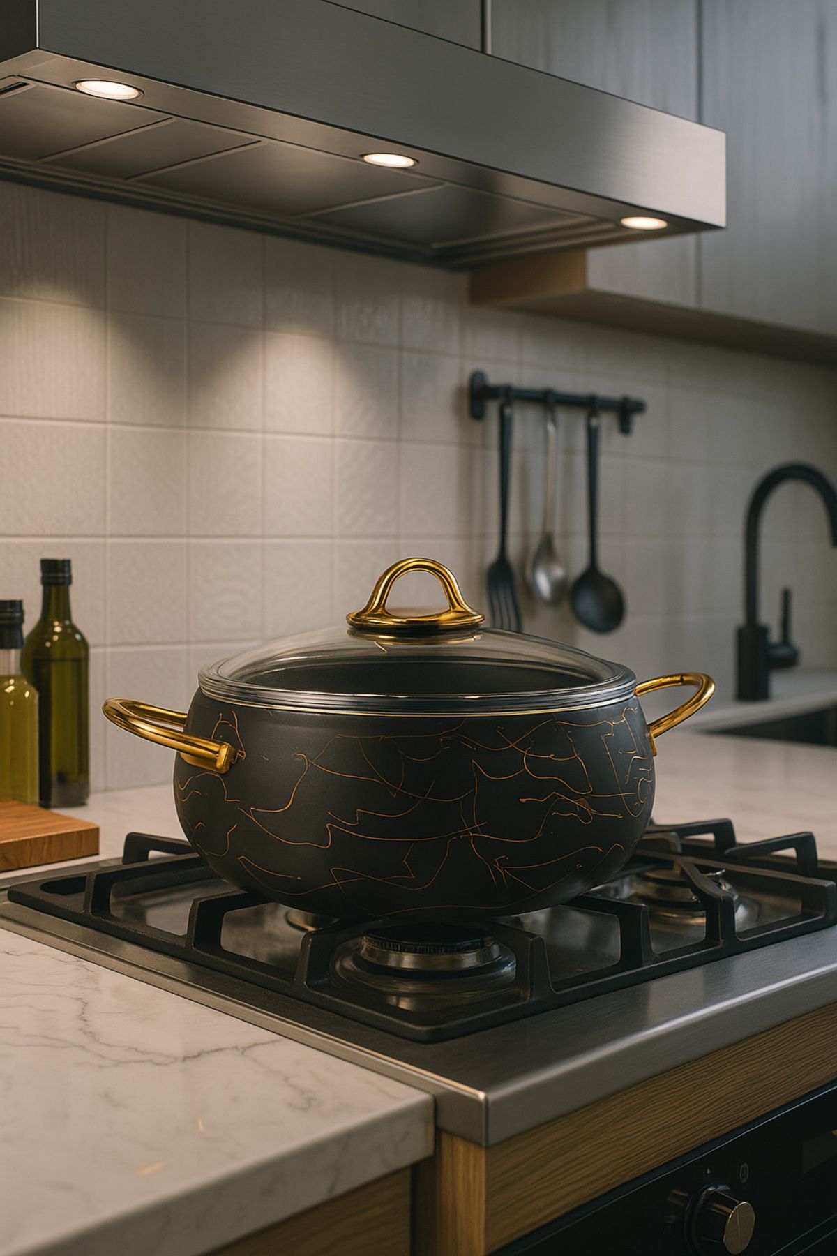YUNUSOĞLU HOME 28 cm Basık Güveç Tencere – 3.5 Litre, Gold Kulplu, 4 mm Granit Kaplama, Yanmaz Yapışmaz