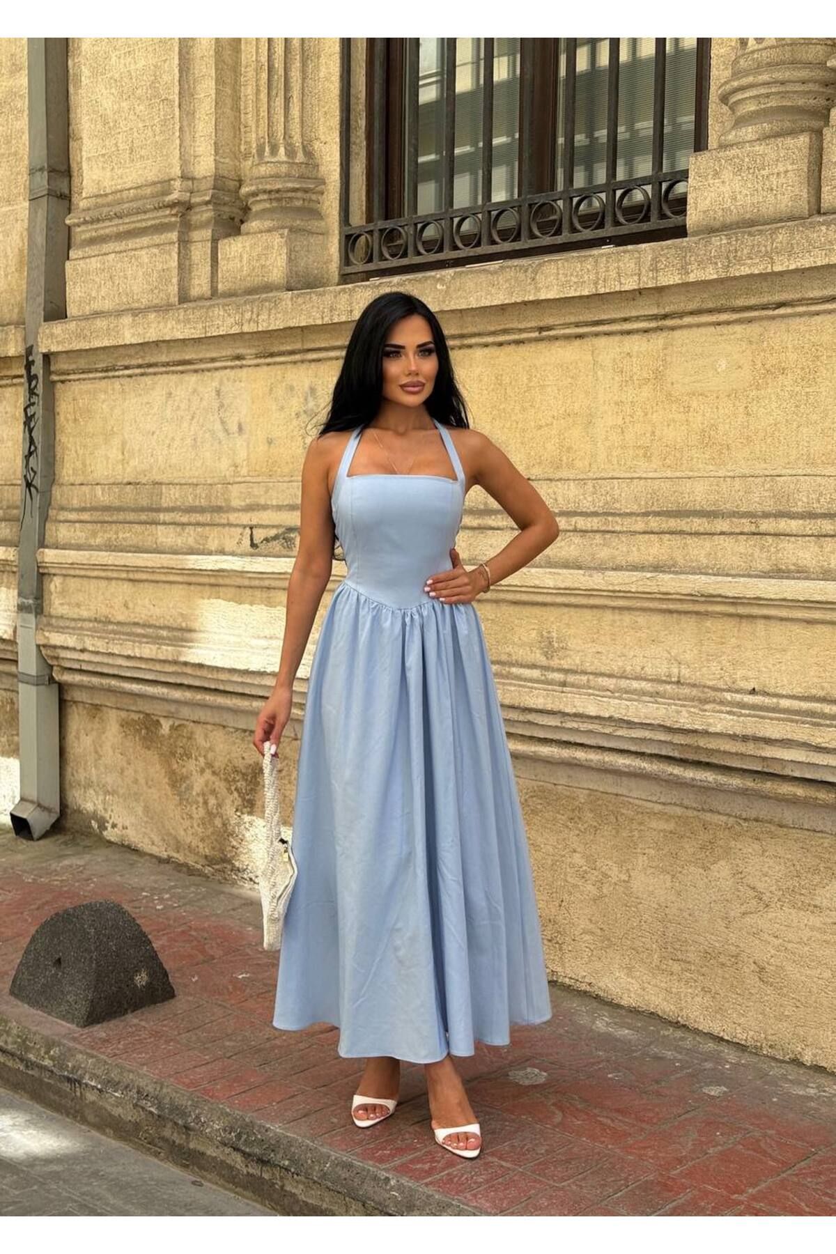 BeceButik Kadın Askılı Midi Kloş Elbise Mavi