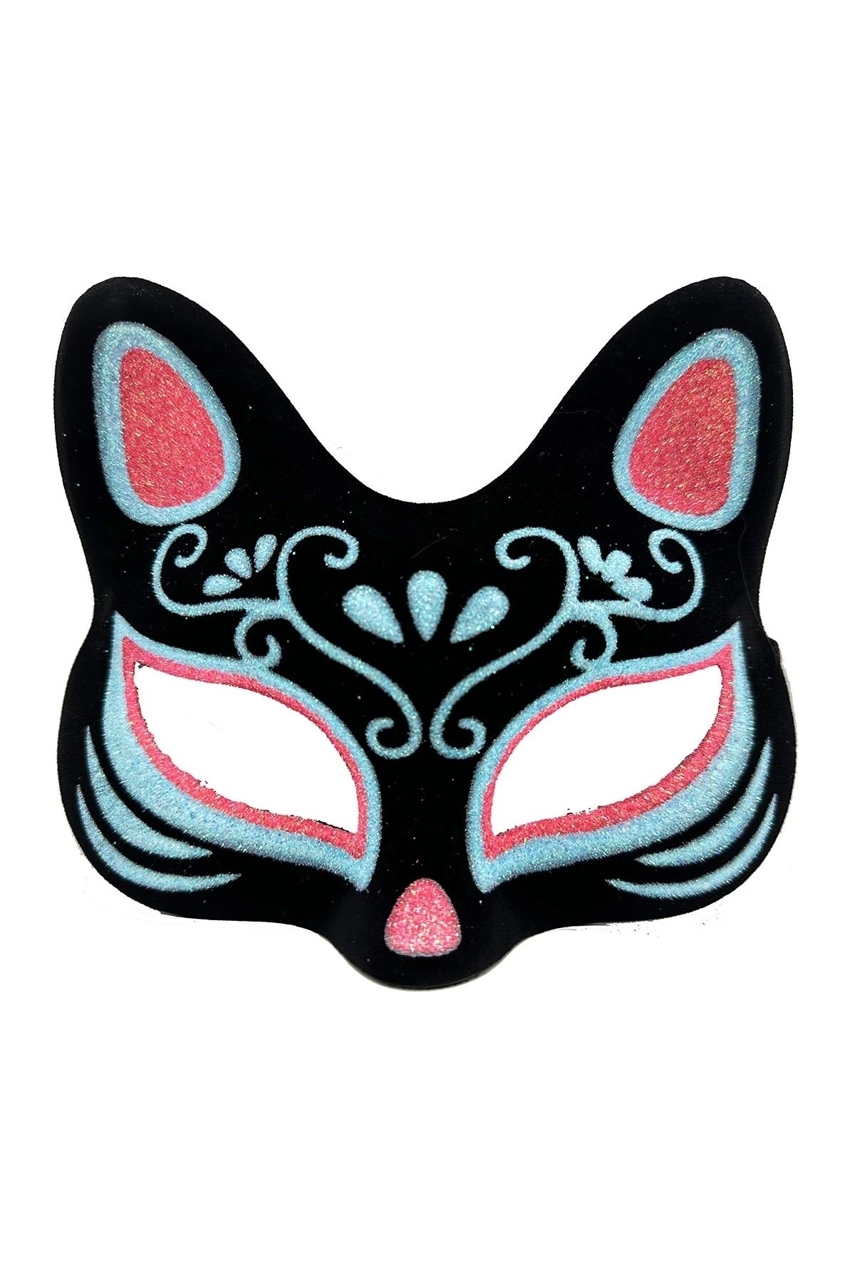 shopwave Siyah Renk Süet Kaplama Üzeri Mavi Kırmızı Simli Kedi Maskesi 17x14 cm (5047)