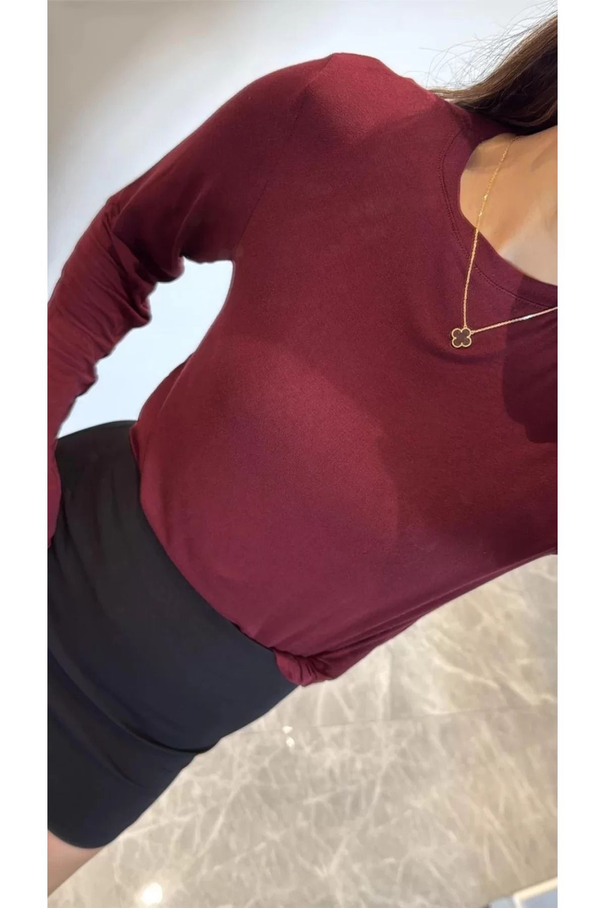ruum fashions Bisiklet Yaka Uzun Kollu Crop