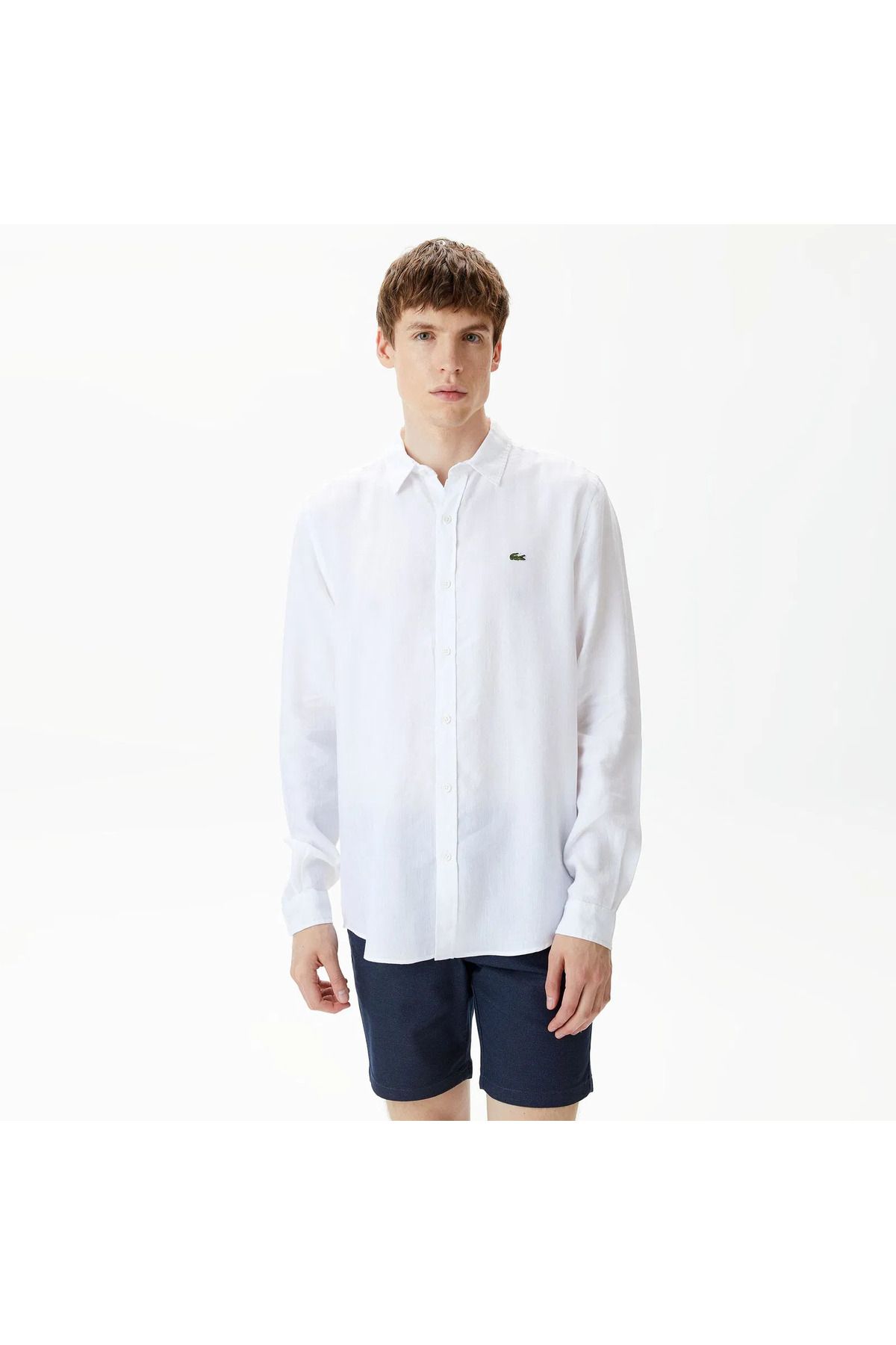 Lacoste Sport Erkek Slim Fit Düğmeli Yaka Beyaz Keten Gömlek