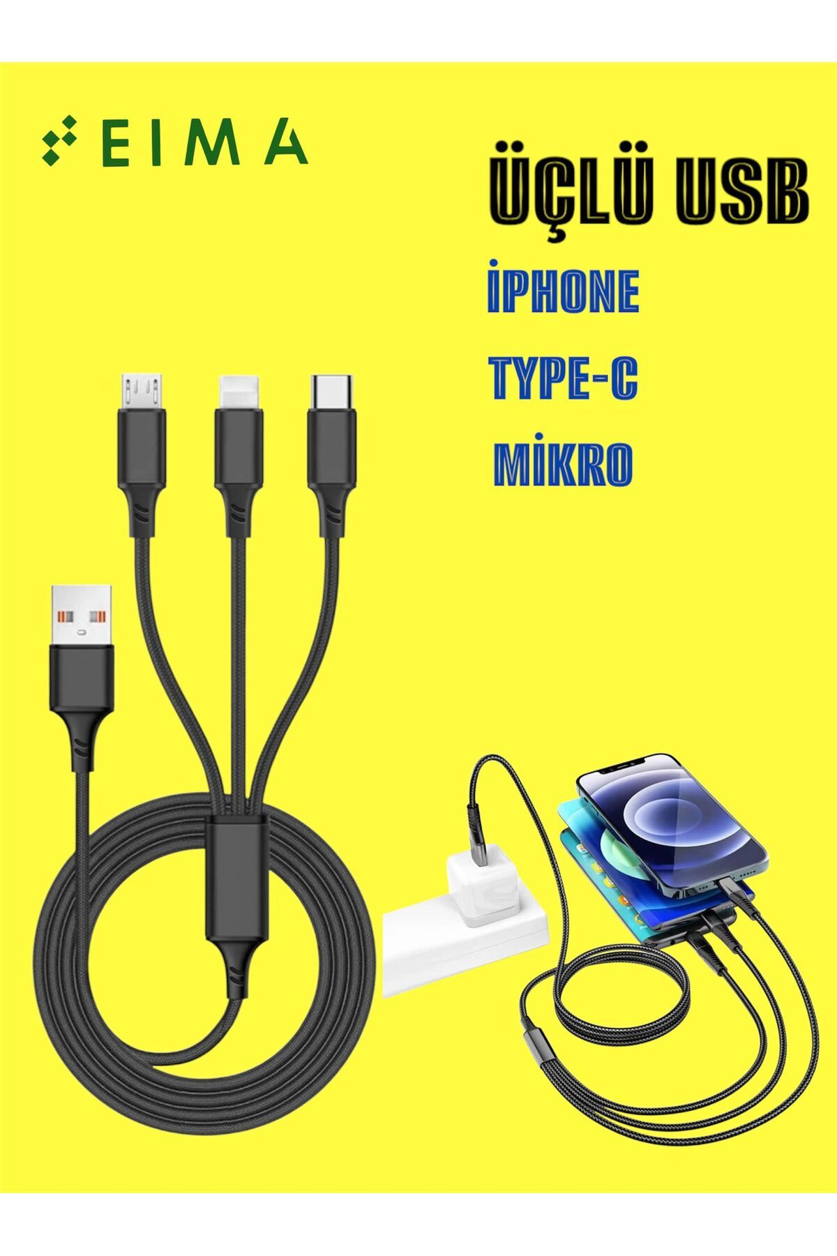 Bestech Üçlü USB Kablo Lightning Type C Micro