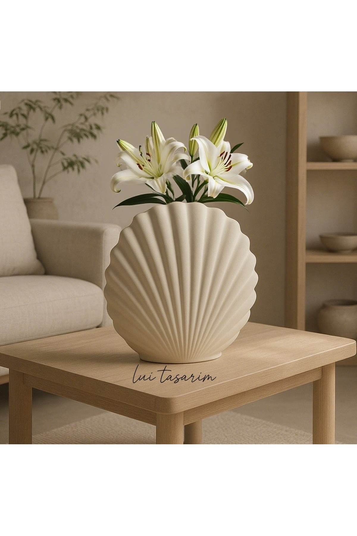 Lui Tasarım-Cream Seashell XL Size Oyster Vase Natural Ceramic Cream Color (Not Concrete Plaster Large Size) 4