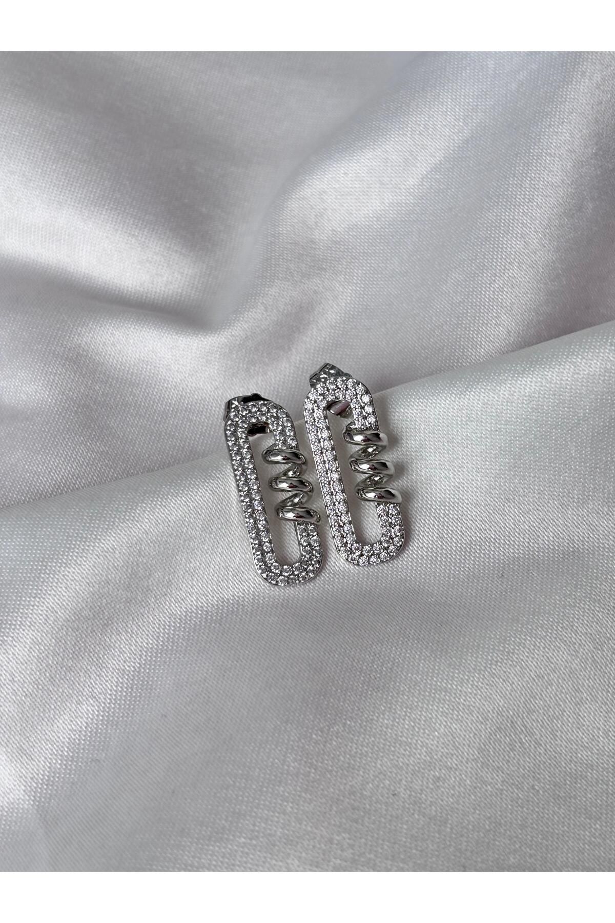Bellamy Jewelry Taşlı Geometrik Formlu Silver Küpe