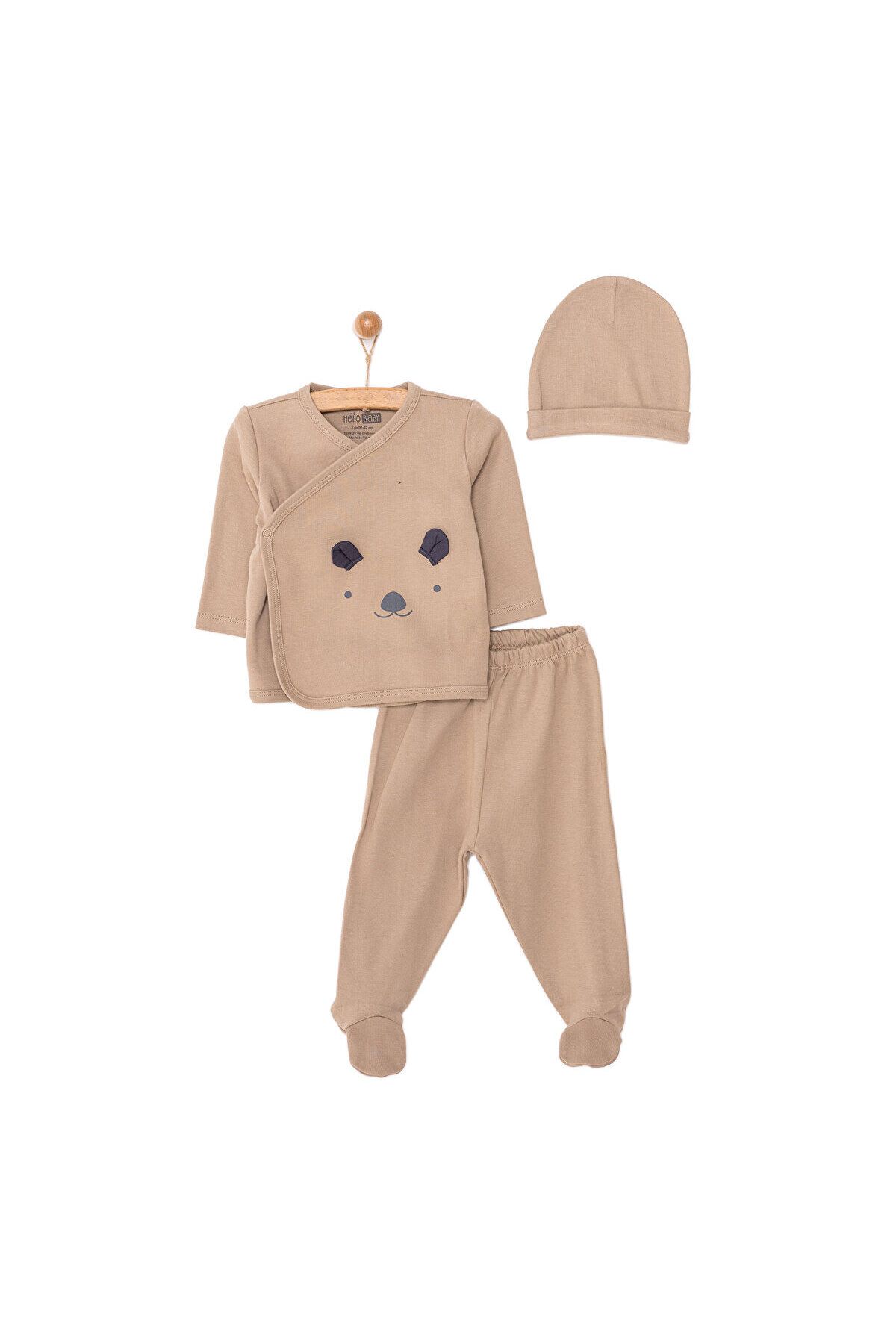 ebebek Hello Baby HelloBaby Yenidoğan Unisex Zıbın-Bere-Patikli Alt 3lü Takım İnterlok Organik V Yaka Uzun Kol Açık Ka