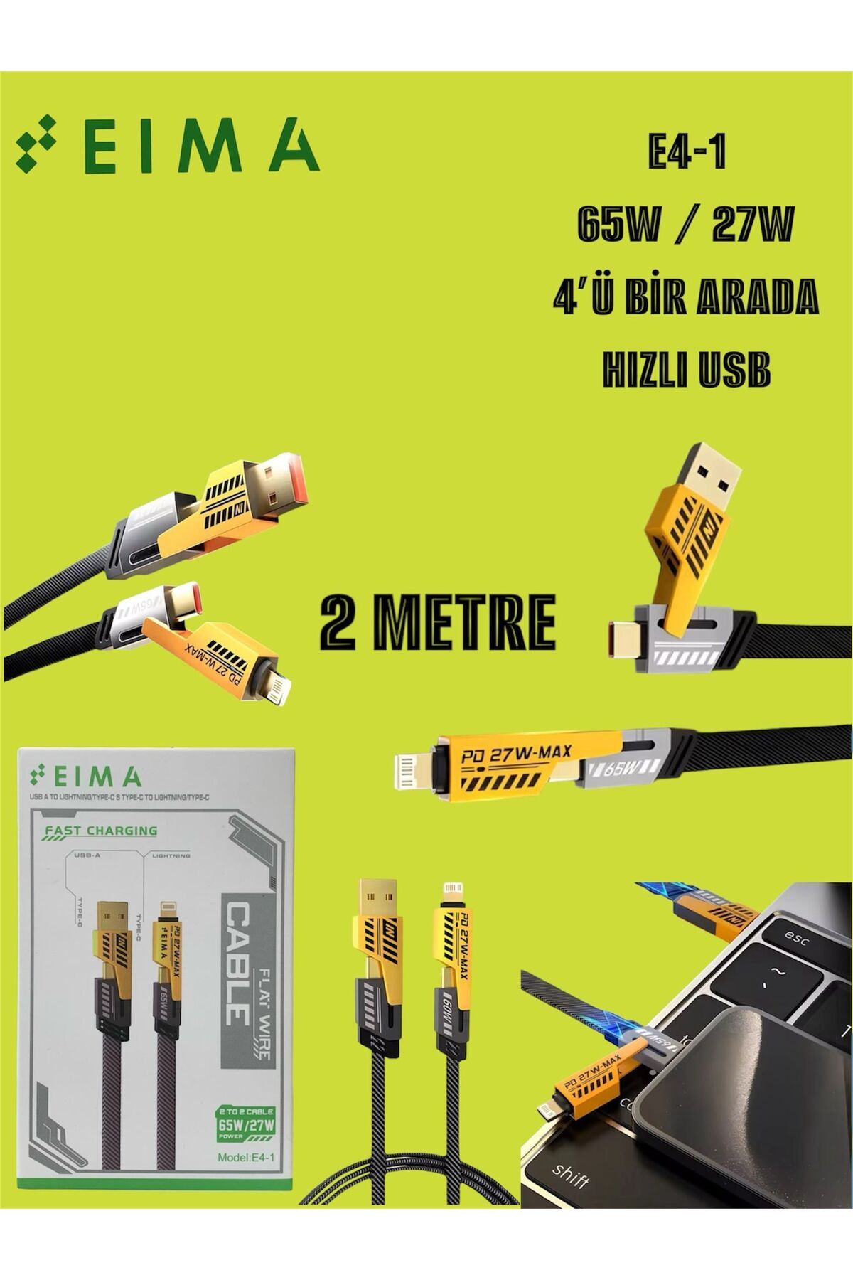 Bestech 2 Metre Şarj Kablosu 65W / 27W 4ü Bir Arada Hızlı USB