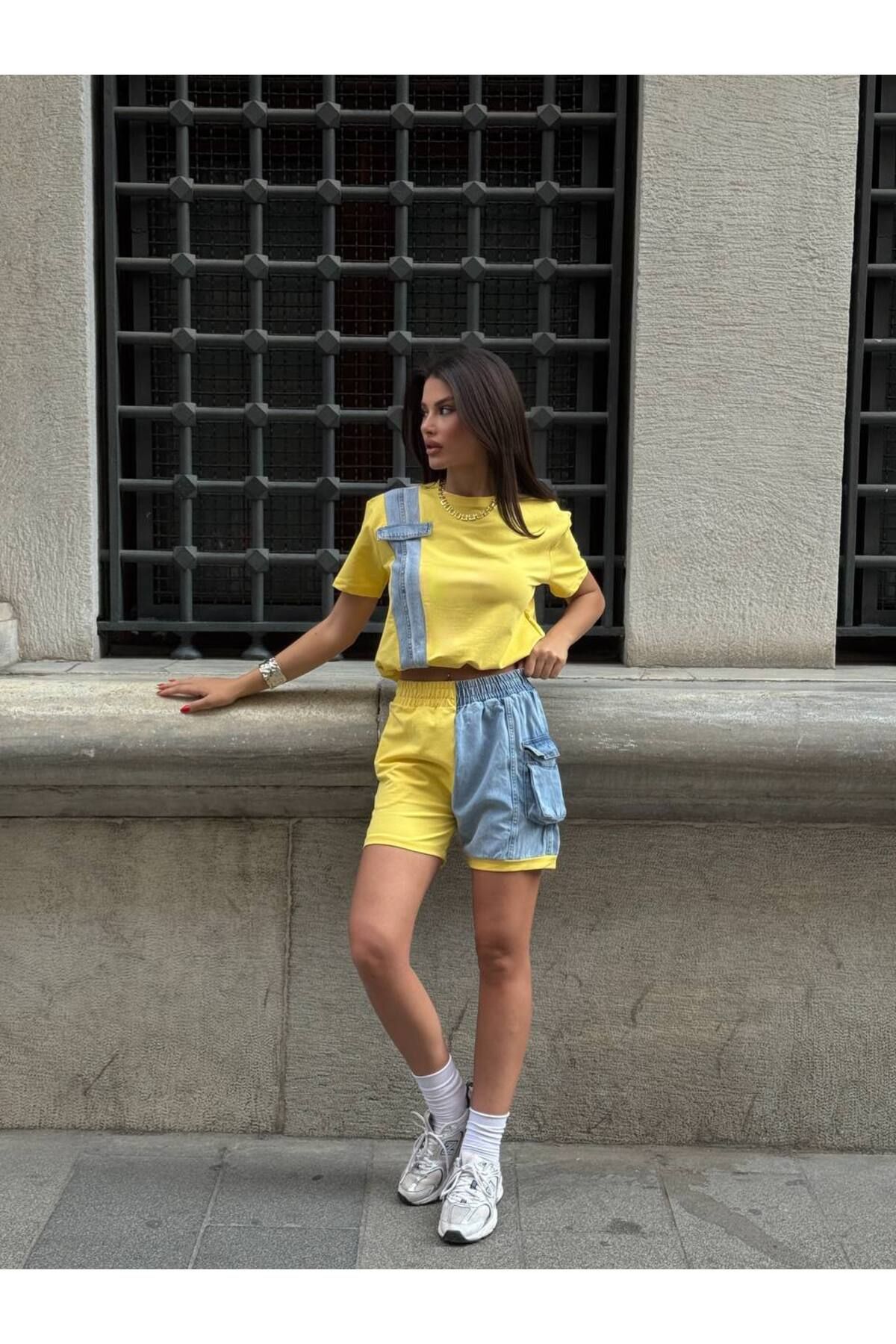 Castivo Fashion Kot Detaylı Renk Bloklu Şortlu Kadın Takım