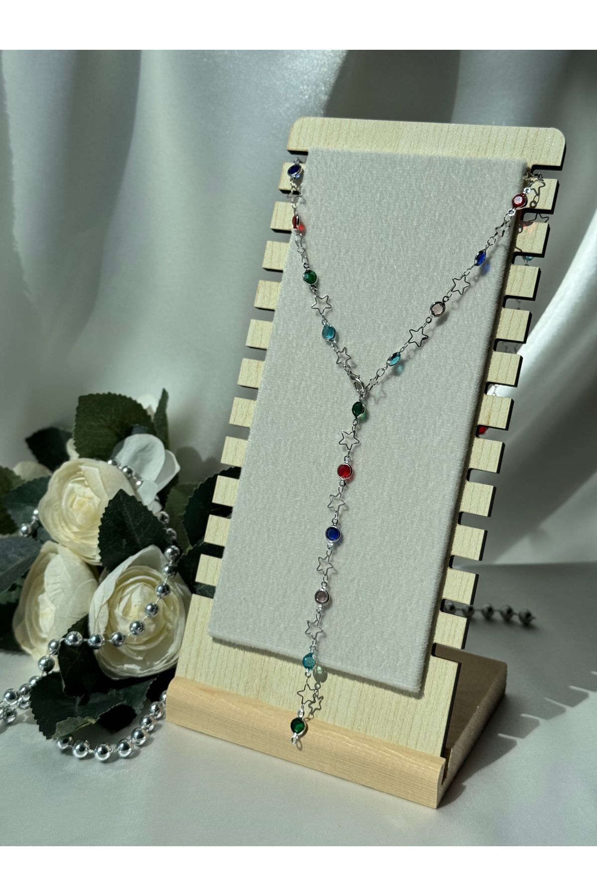 FASHİON JEWELRY Renkli Yuvarlak Zirkon Taşlı Parlak Yıldız Detaylı Zincirli Uzun Ayarlanabilir Bijuteri Y Kolye