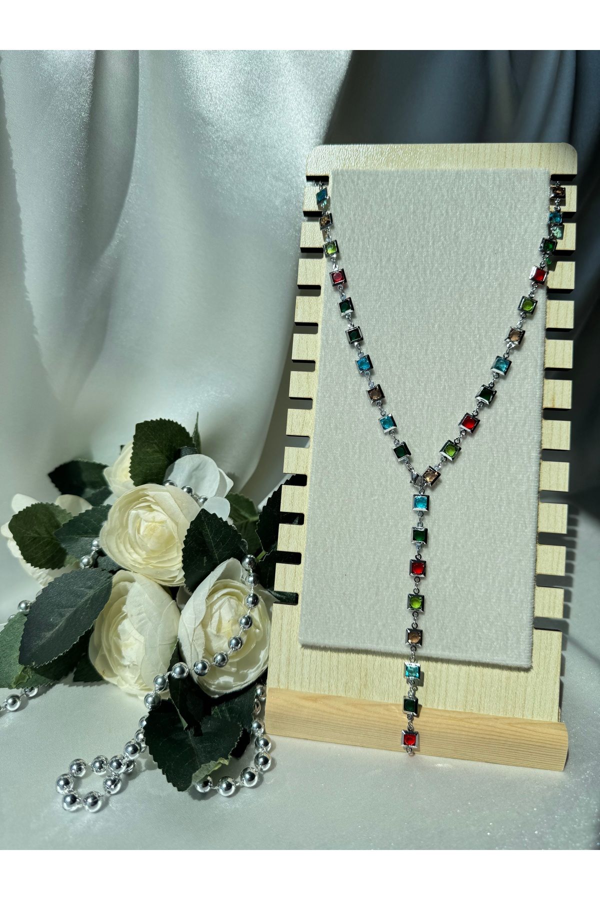 FASHİON JEWELRY Renkli Kare Zirkon Taşlı Parlak Detaylı Uzun Ayarlanabilir Bijuteri Y Kolye