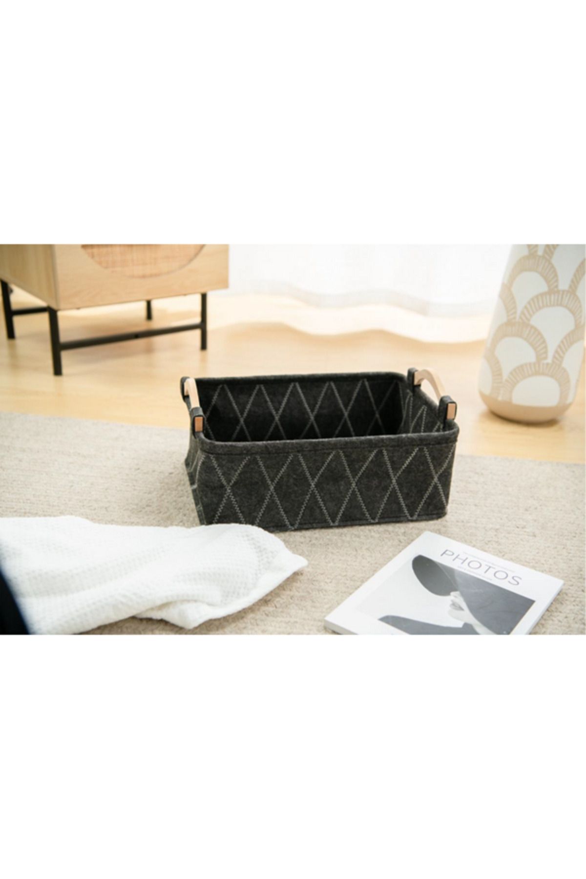 HONEYBEE-Rectangular Shape Durable Storage Basket with Wooden Handle Black and Brown 2
