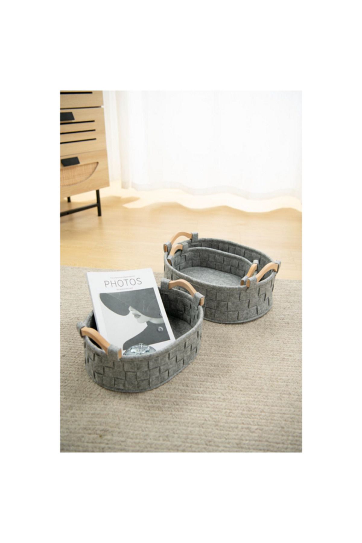 HONEYBEE-3-Piece Sturdy Open Top Design Storage Basket Set with Handle Grey 3