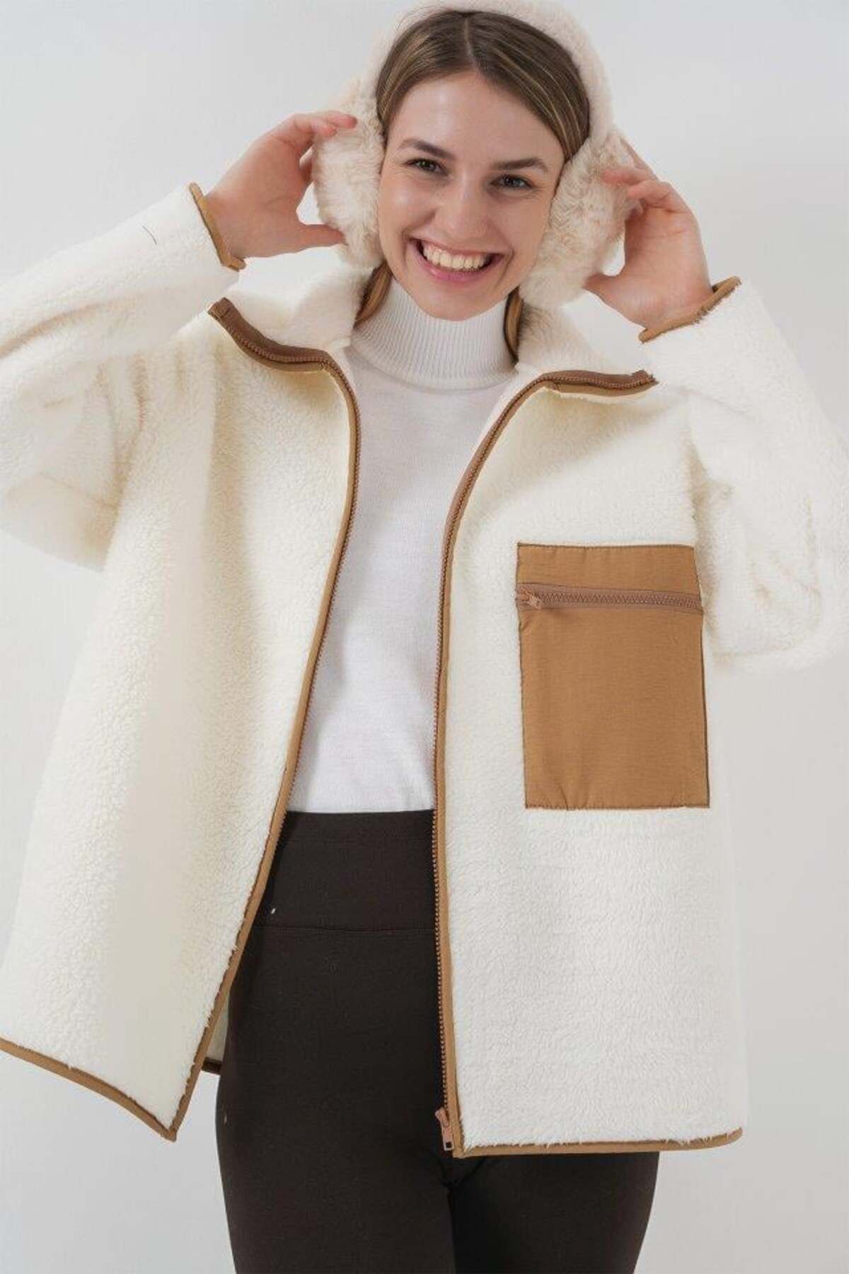 modamtn 55446 Fermuarlı Oversize Peluş Ceket Mont - Camel