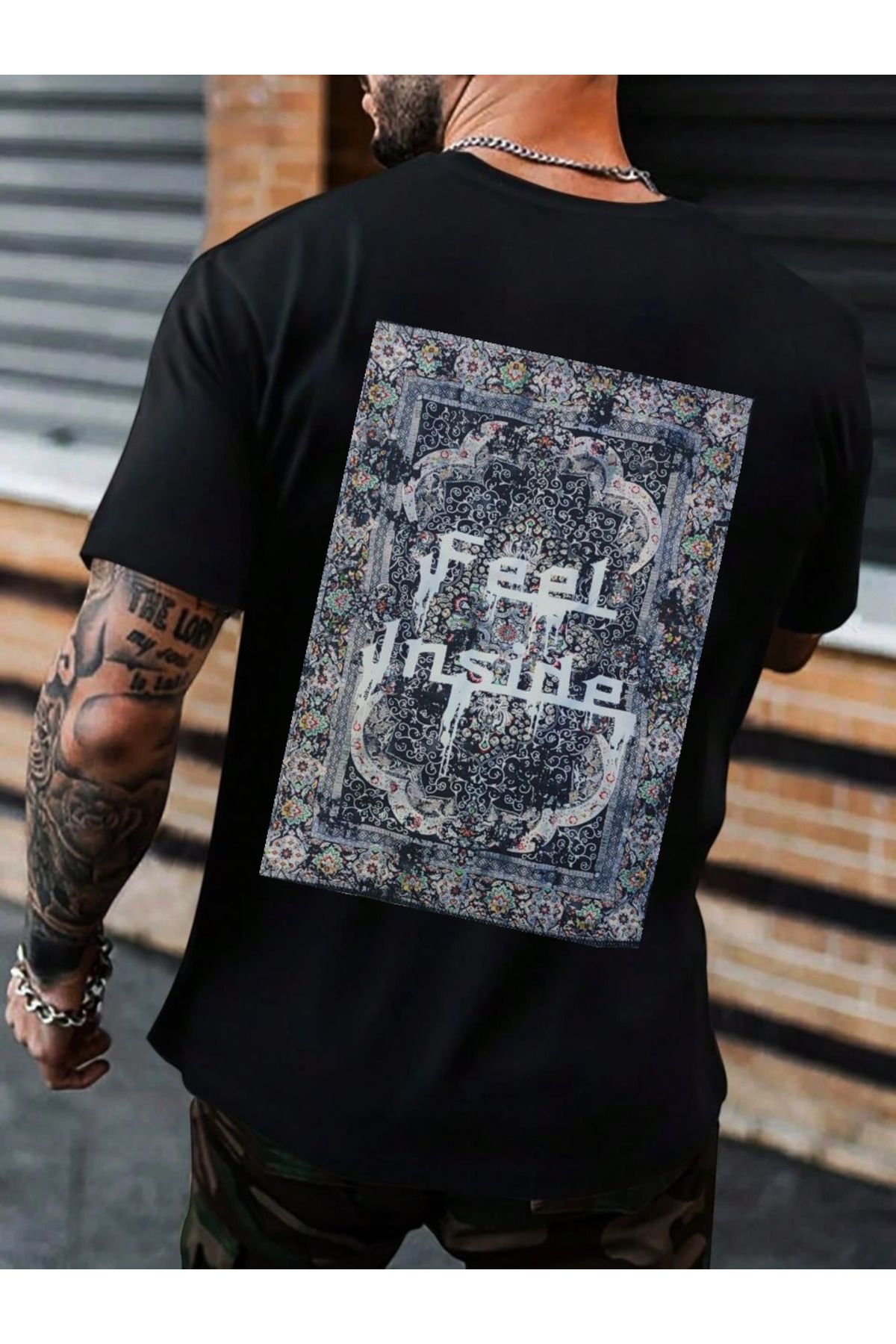 ELNOYA Unisex Pamuklu Siyah Oversize "Feel İnside" Baskılı Bisiklet Yaka Rahat T-shirt