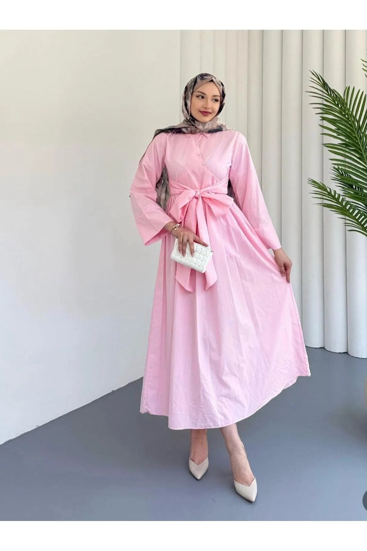Trendy Butik Kadın Gömlek Yaka Bağlamalı Poplin Kumaş Gömlek Elbise - Pembe