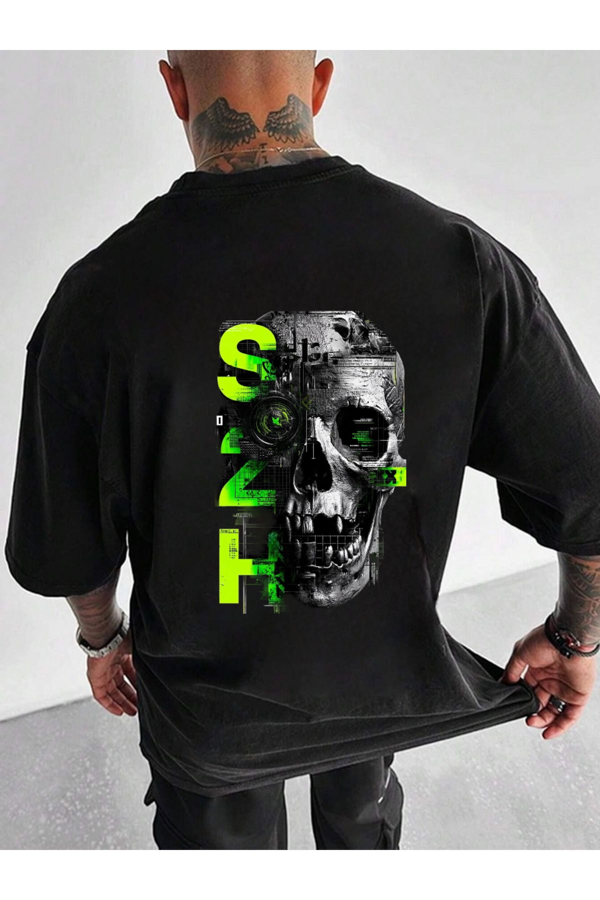 ELNOYA Unisex Pamuklu Siyah Oversize "Kafa" Baskılı Bisiklet Yaka Rahat T-shirt