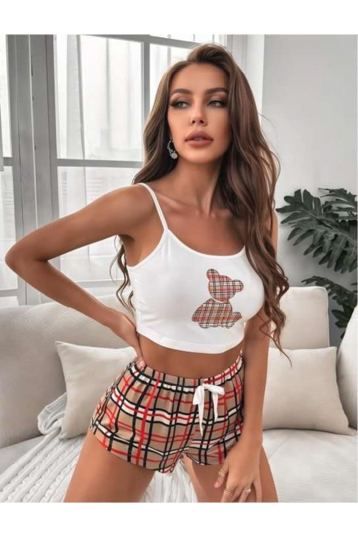 bamido Ekoseli Ayıcık Desenli Askılı Şortlu Pijama Takımı