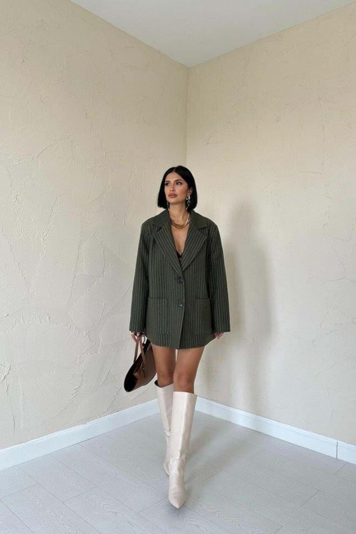 modamtn Haki Çizgili Oversize Ceket