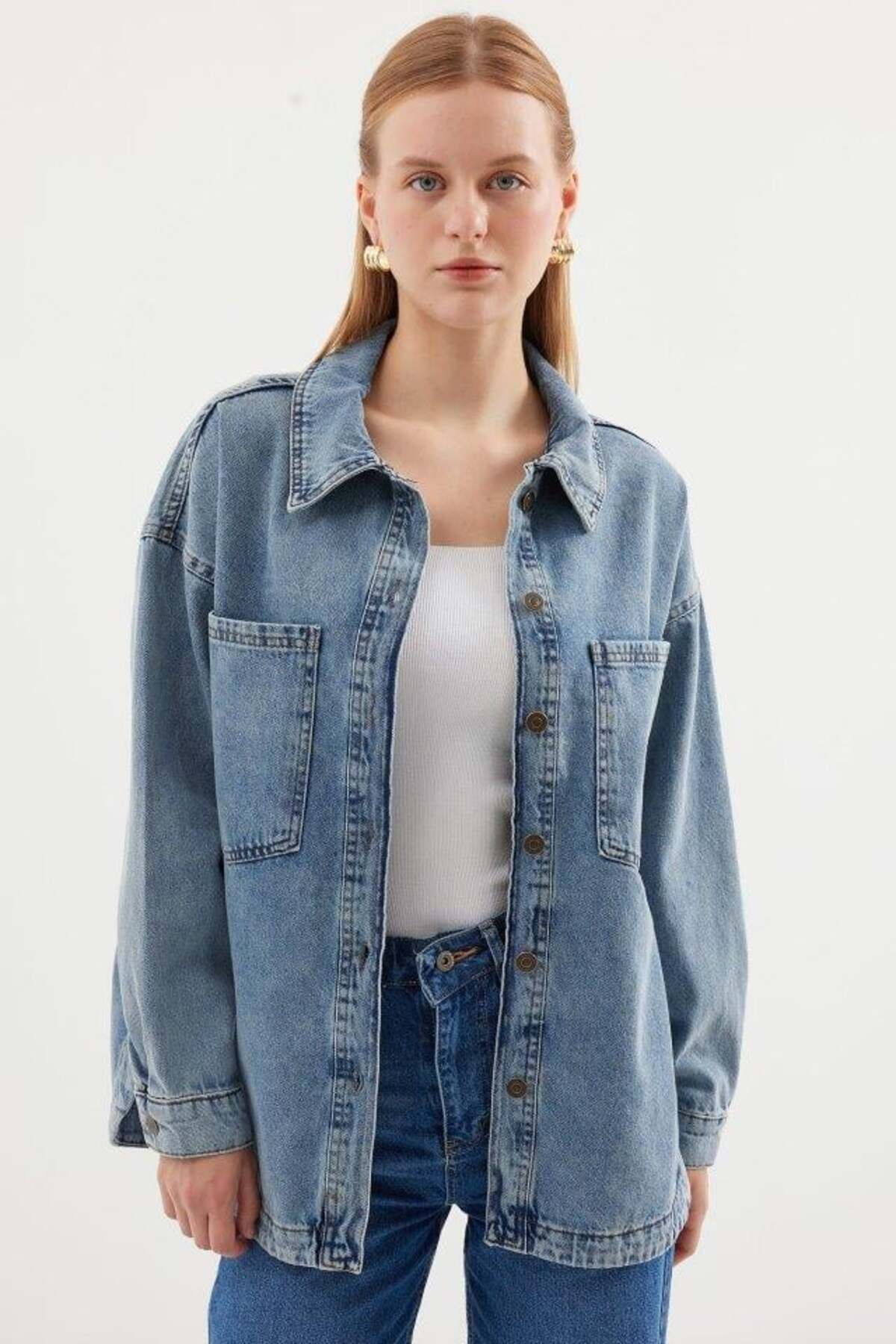 modamtn 0694 Çift Cepli Oversize Denim Ceket - Buz Mavi