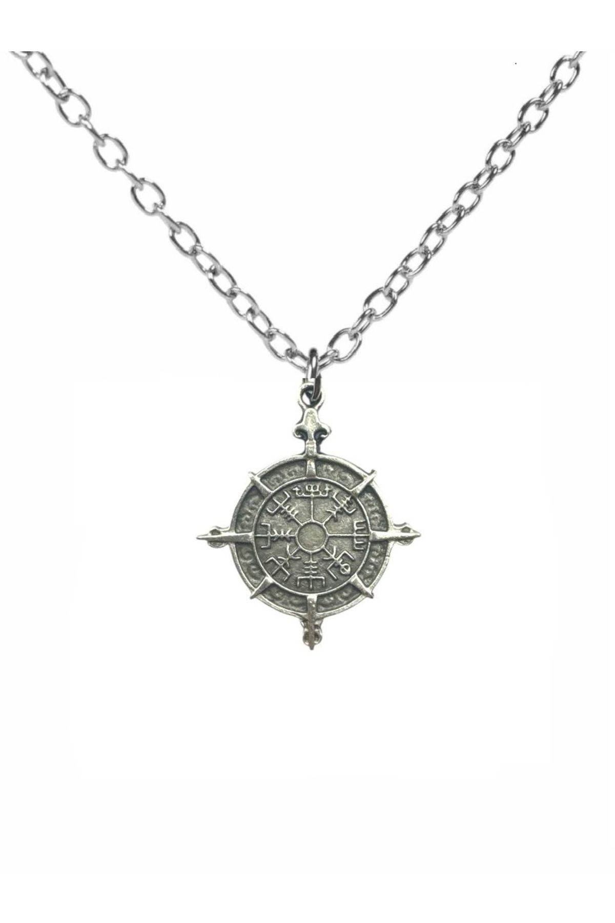 Herşey Nota Viking Pusulası (Vegvísir) Figürlü Unisex Kolye – 60 cm Zincirli, Yön ve Koruma Sembolü
