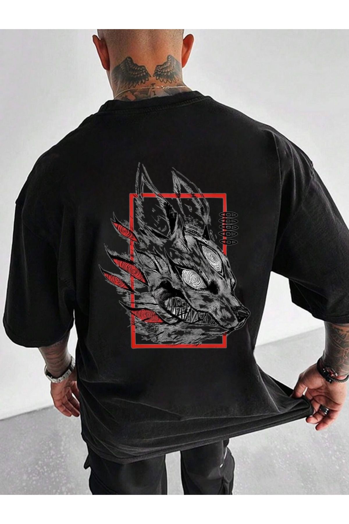 ELNOYA Unisex Pamuklu Siyah Oversize "Kızgın Kurt" Baskılı Bisiklet Yaka Rahat T-shirt