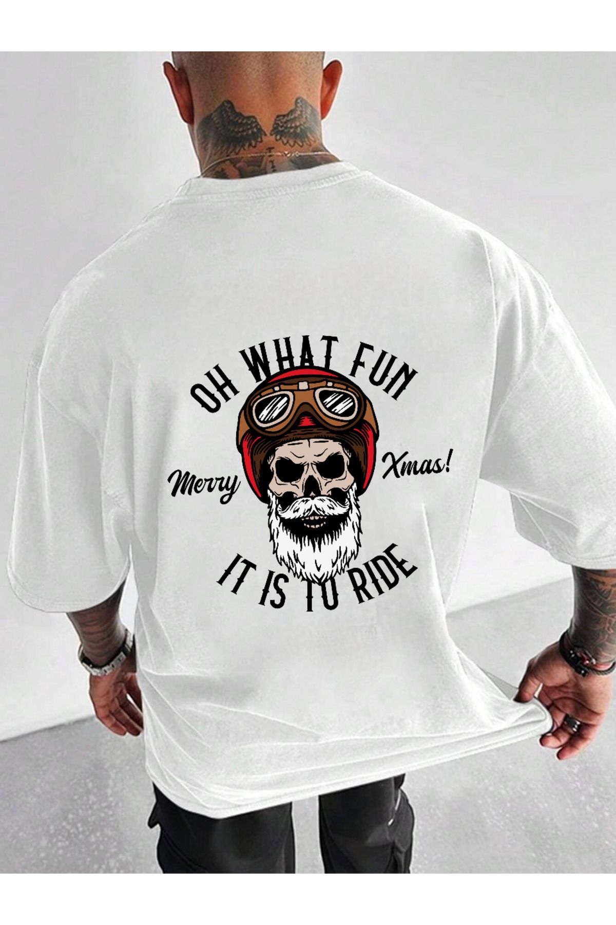 ELNOYA Unisex Pamuklu Beyaz Oversize "Çılgın Motorcu" Baskılı Bisiklet Yaka Rahat T-shirt