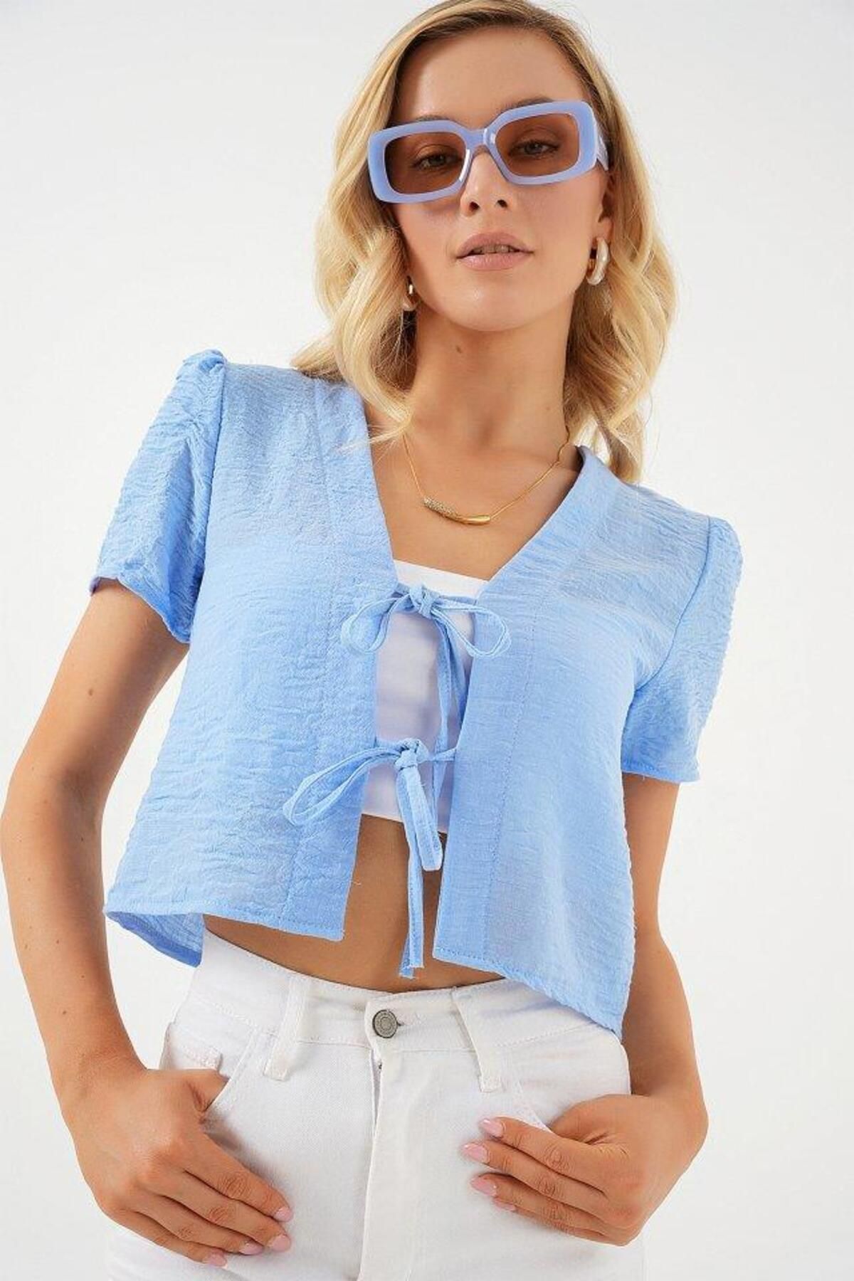 modamtn Kısa Kol Crop Bluz 958 - Mavi