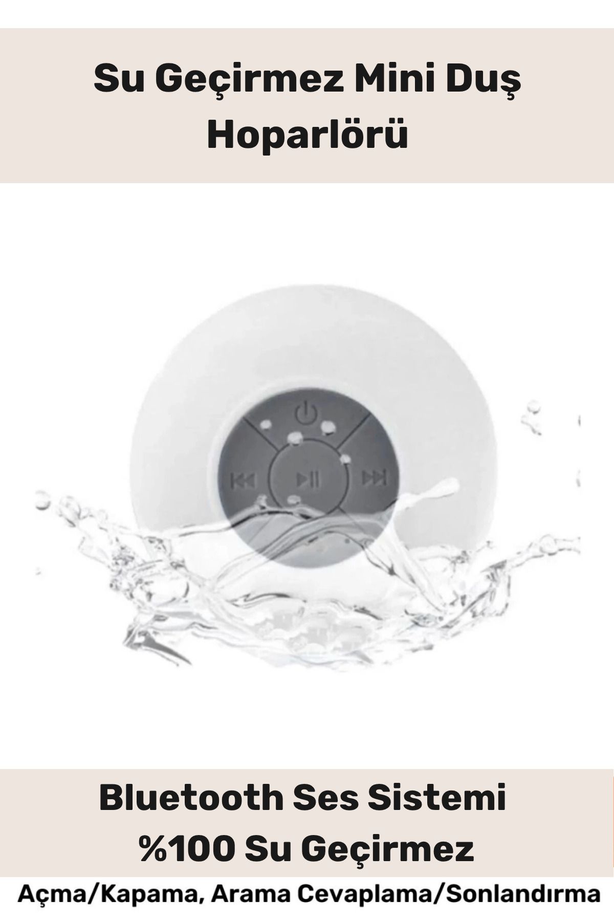 PeraNova Premium Serisi Vantuzlu Su Geçirmez Şarjlı Mini Bluetooth Özellikli Beyaz Duş Kamp Sahil Hoparlörü