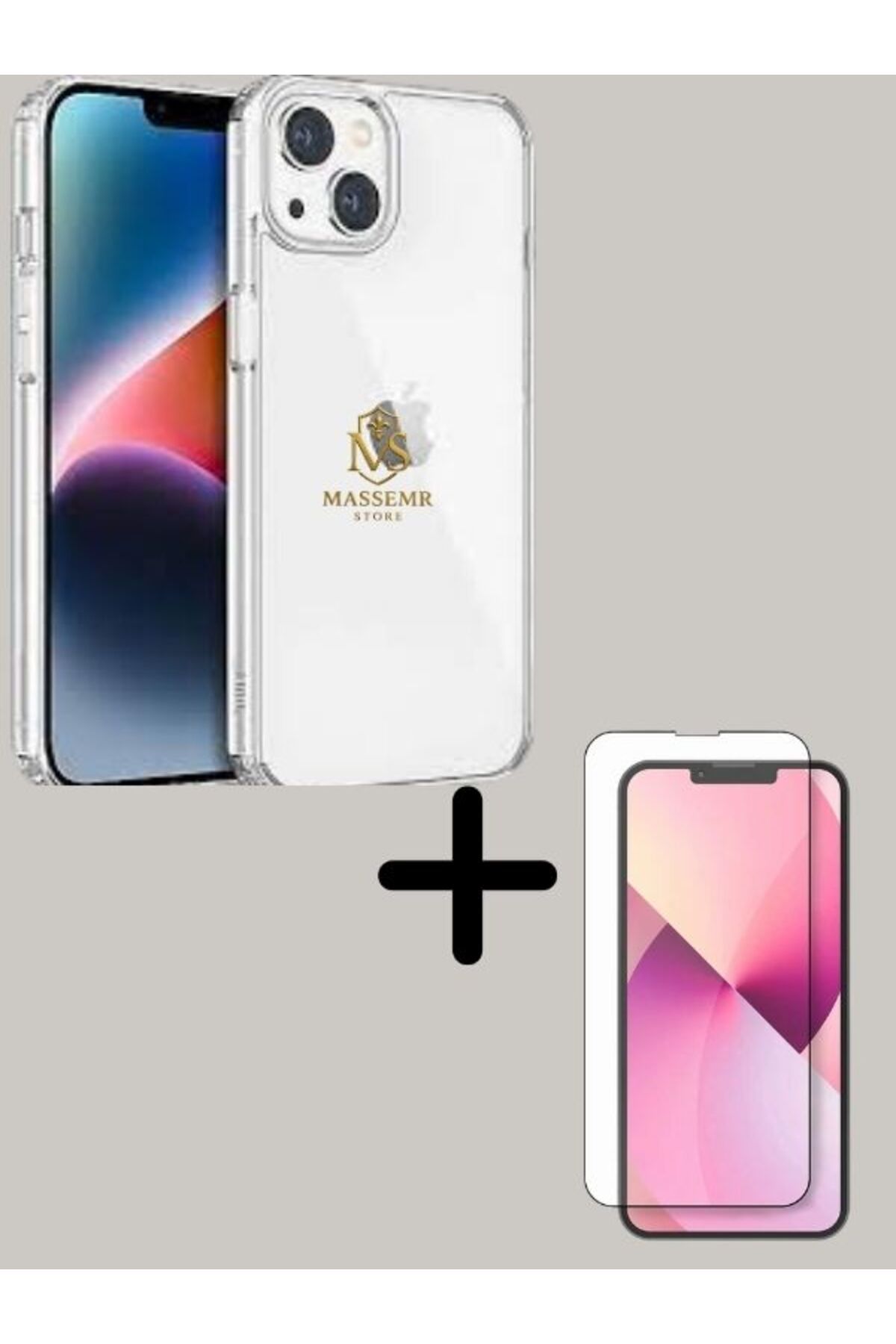 Massemr iPhone 14 Plus Uyumlu Kamera Korumalı Şeffaf Silikon Kılıf + 9H Ekran Koruyucu Cam Set