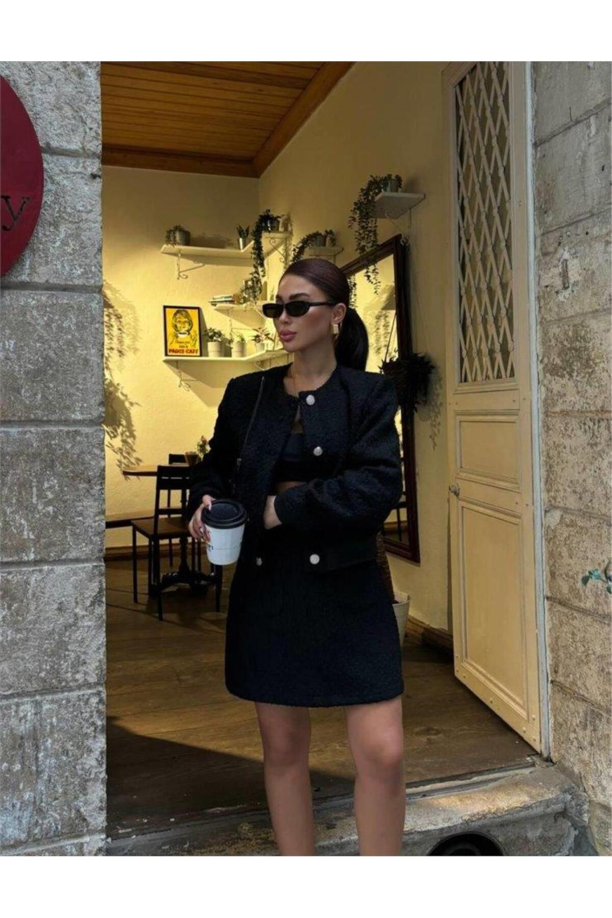 modamtn CHANEL CROP CEKET-KISA ETEK TAKIM - Siyah