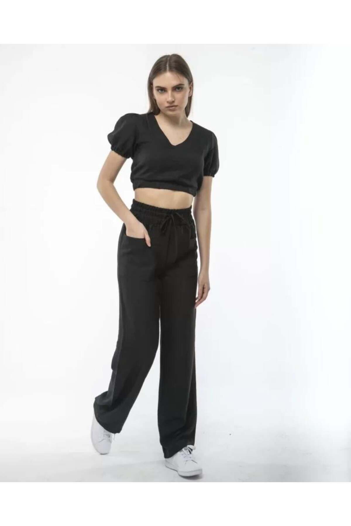 modamtn Kadin Keten Pantalon Ve Crop Takım - Siyah